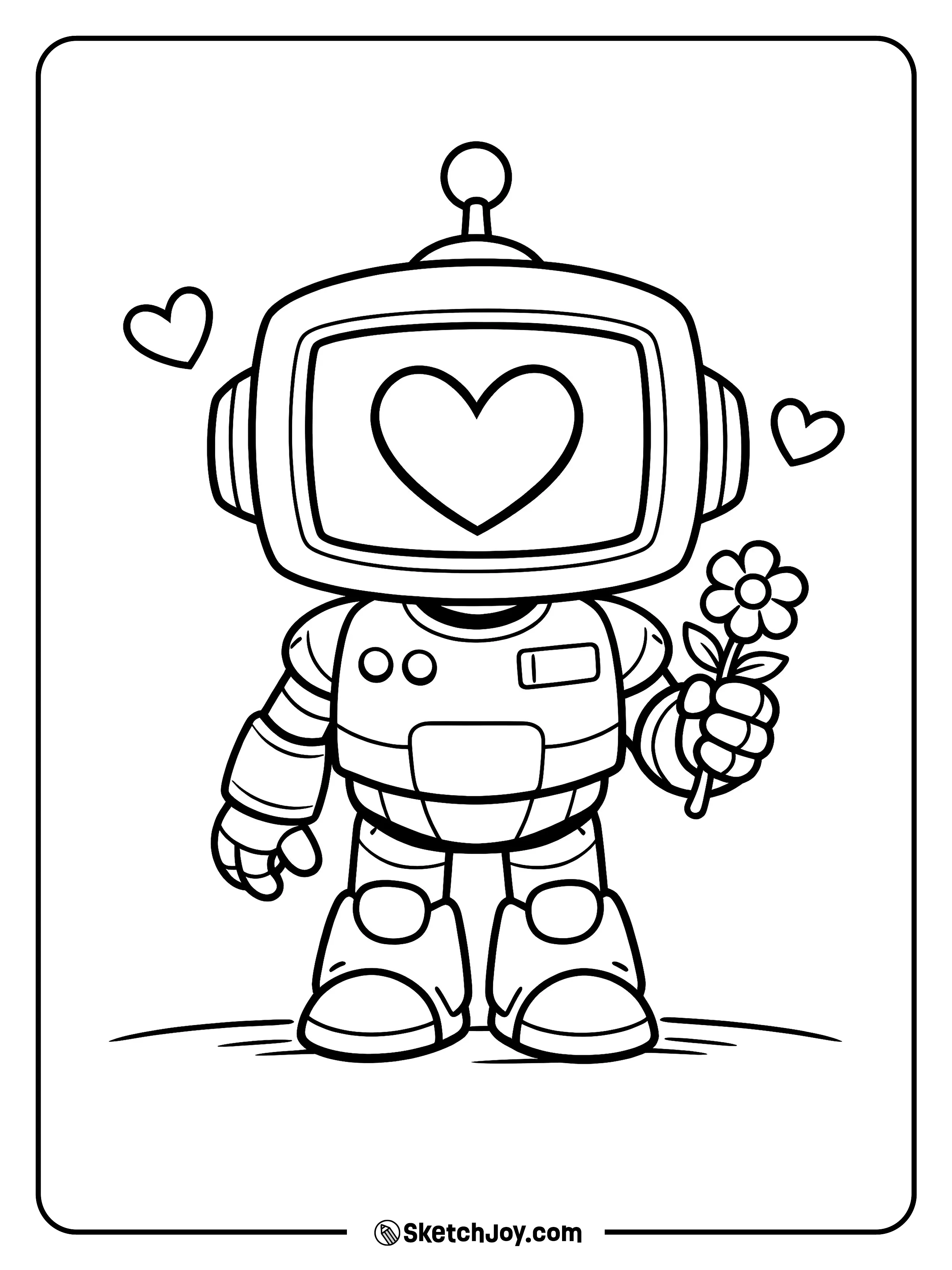 A cute robot shows a heart on its screen face.