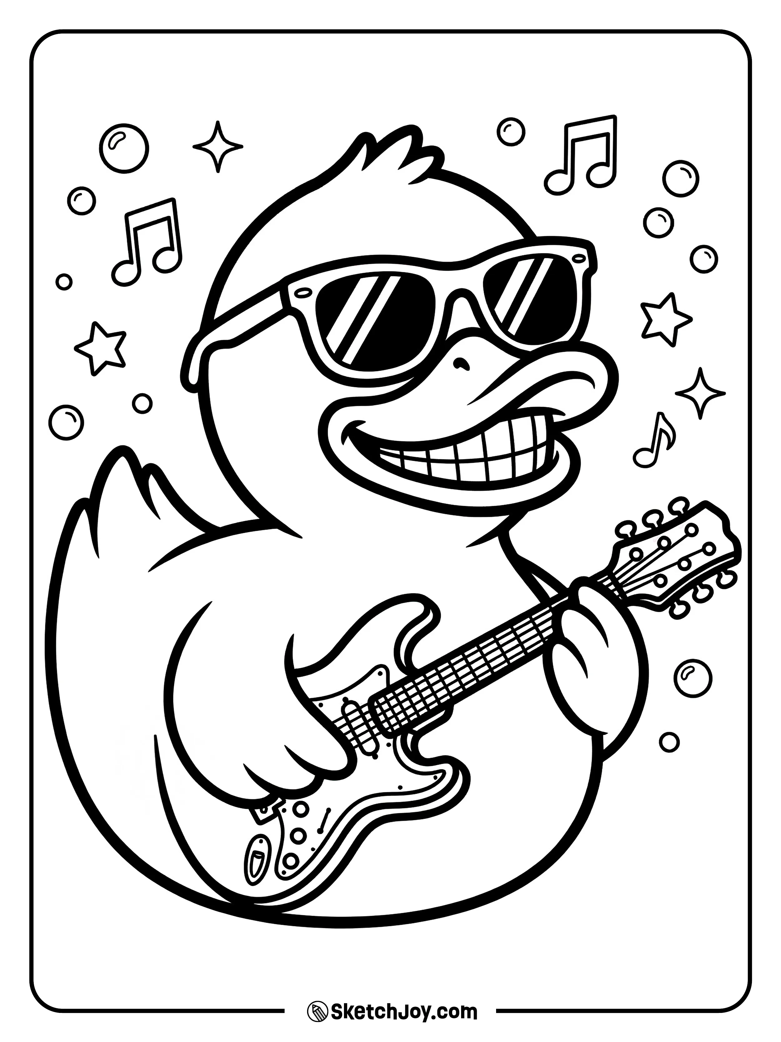 A cool rubber duck with sunglasses and guitar.