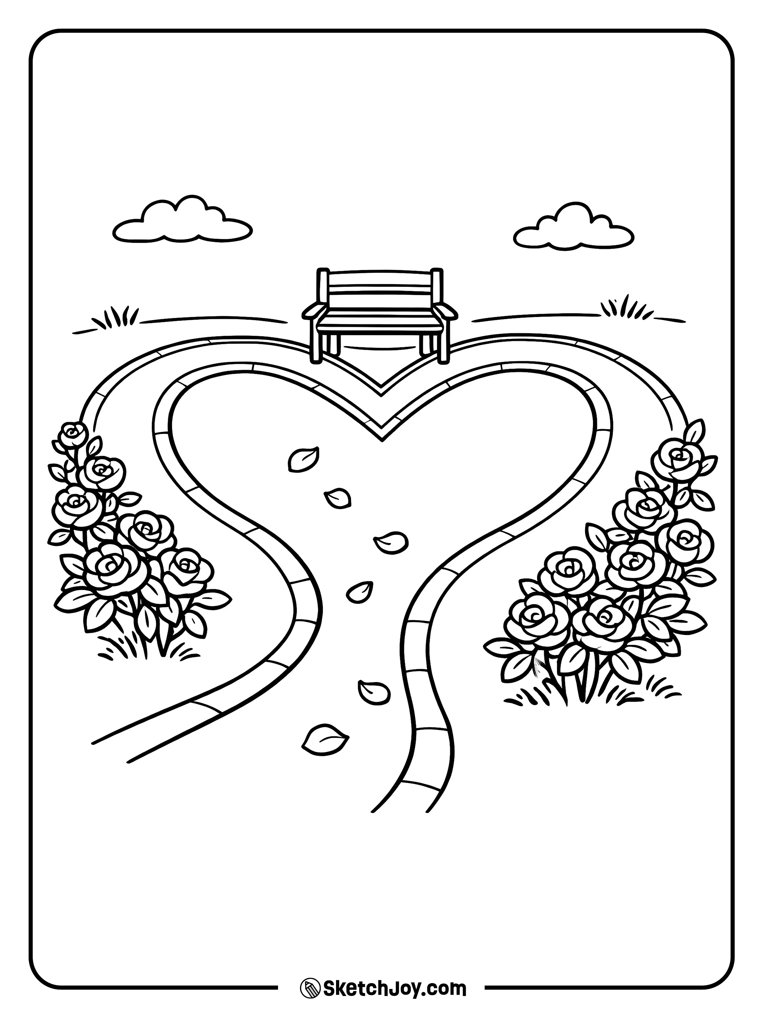 A garden path curves into a heart shape.