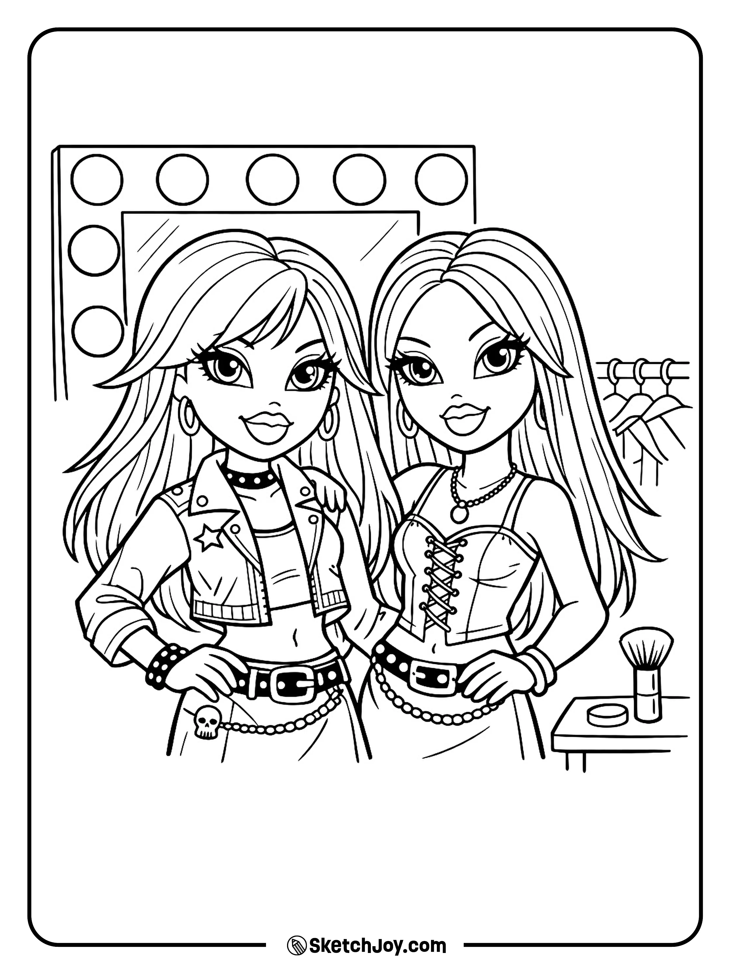 The twins get ready by a mirror with a few round light bulbs.