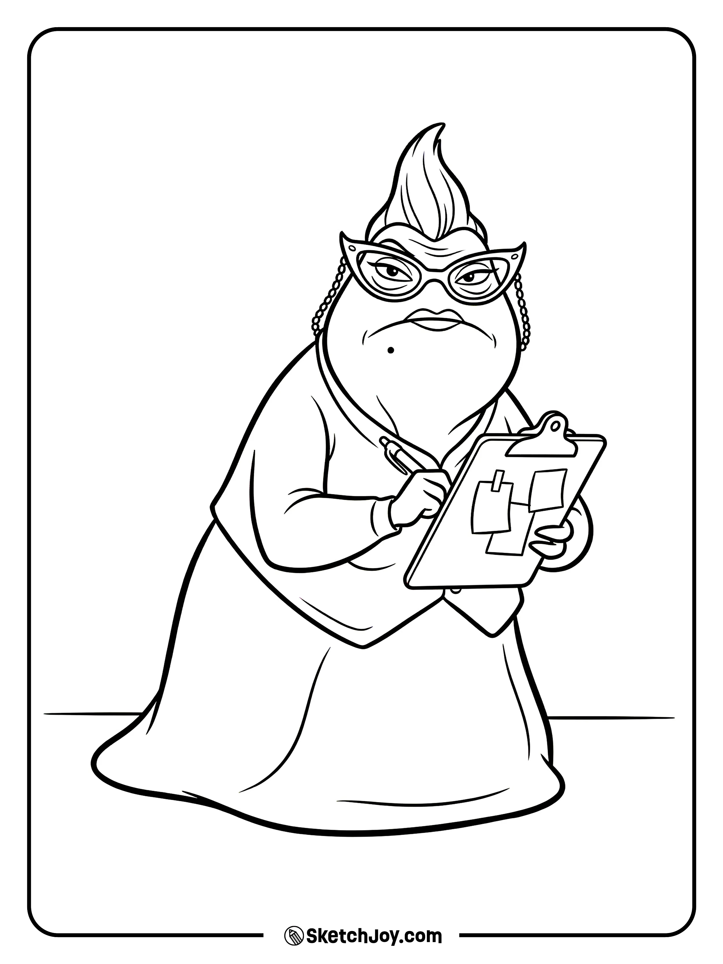 Roz holds her clipboard and gives her classic stare.