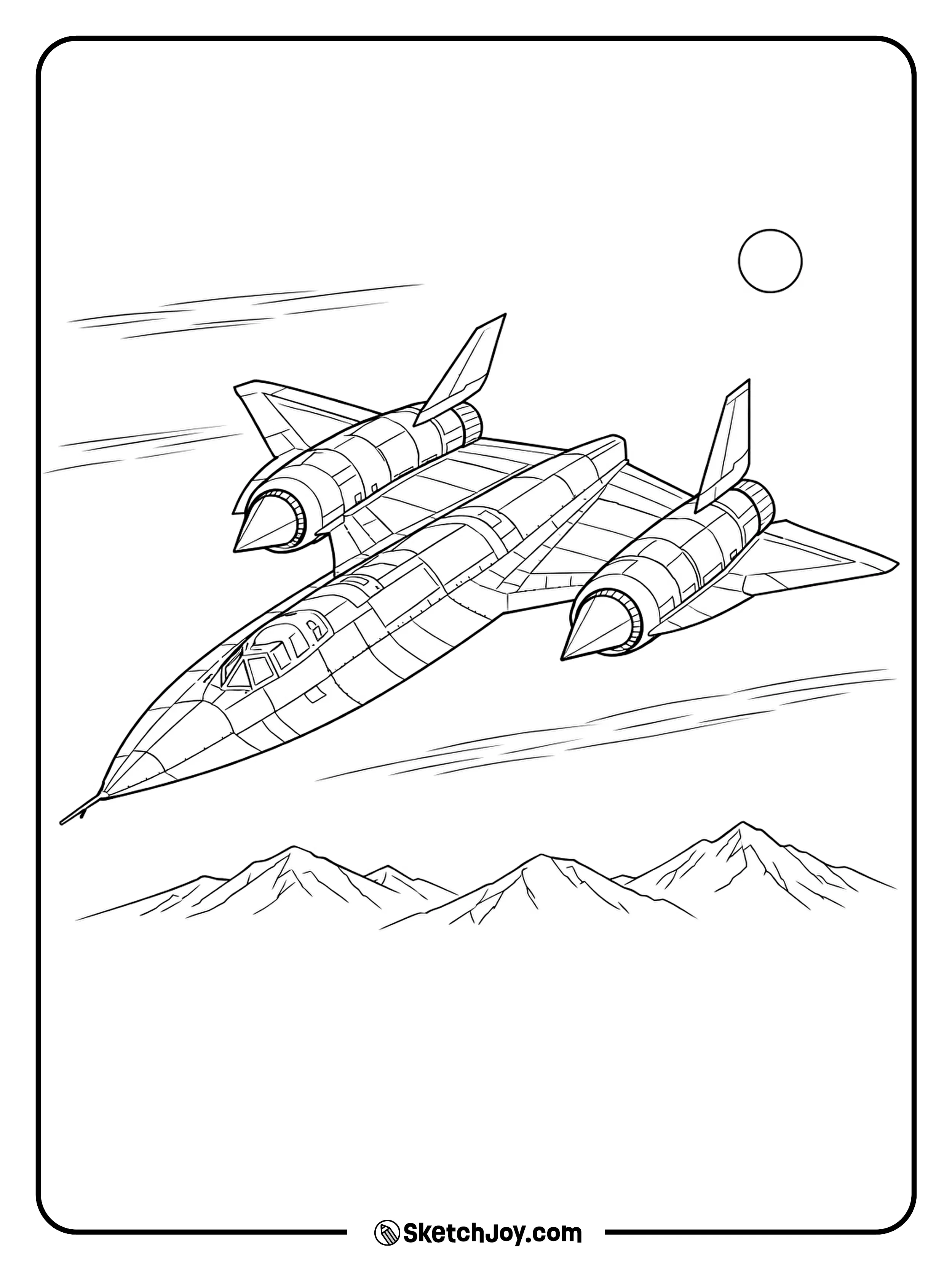 The SR-71 speeds over simple mountain peaks and thin clouds.