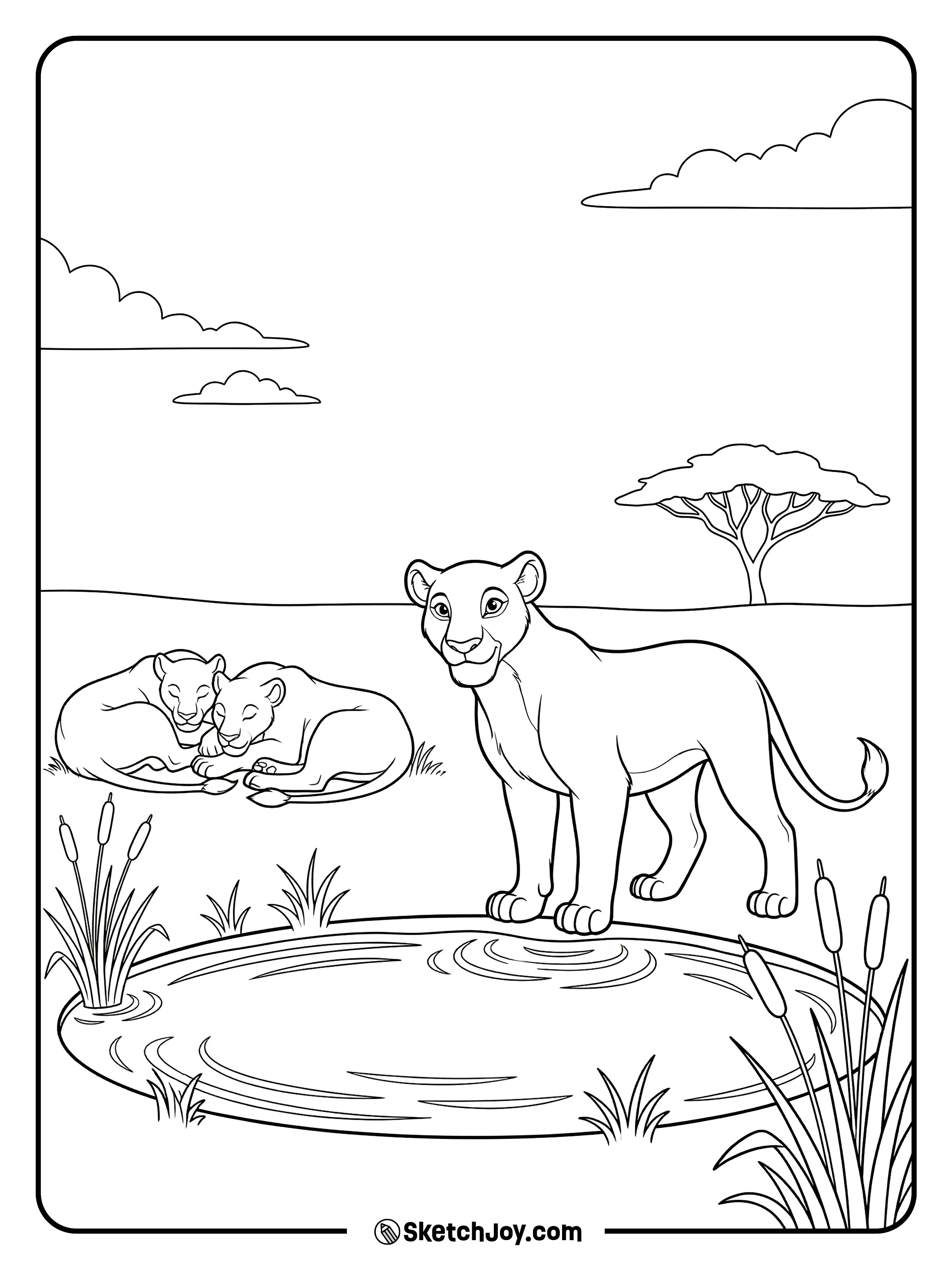 Sarabi stands tall as other lionesses rest nearby.