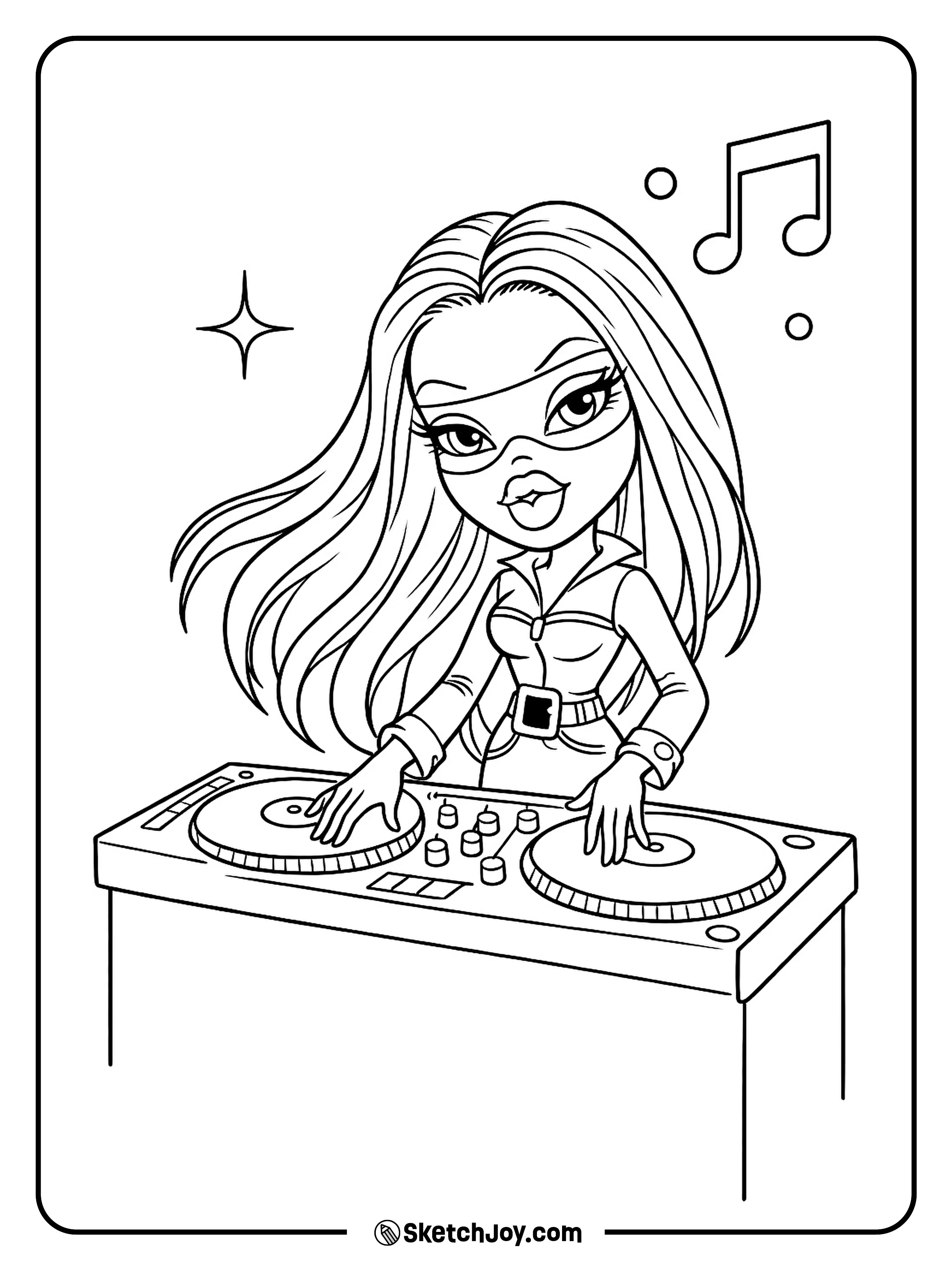 Sasha mixes music with two turntables and one big music note sign.