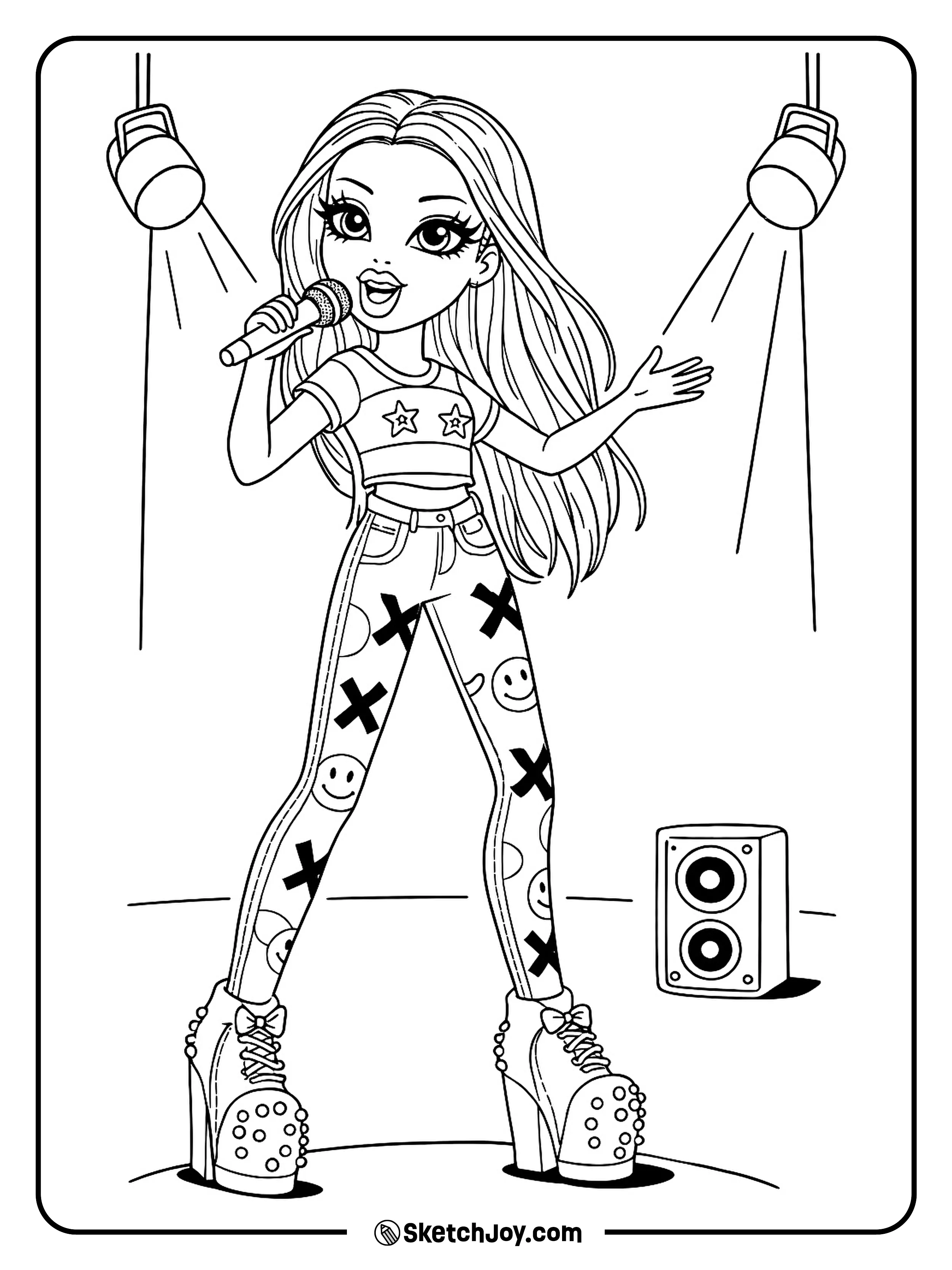 Sasha sings into a microphone with simple stage lights behind her.