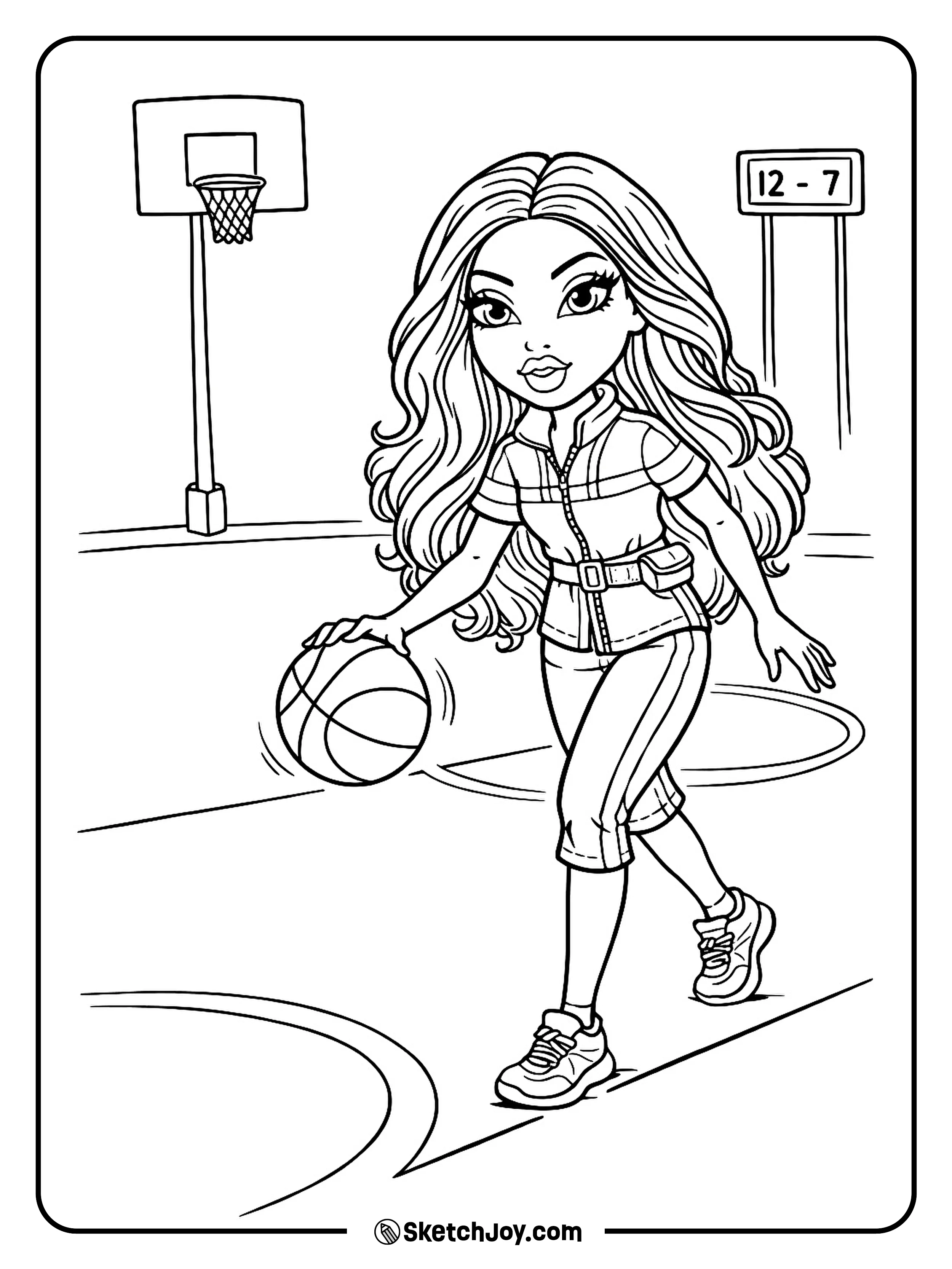 Sasha dribbles a basketball with a hoop and a simple score sign.