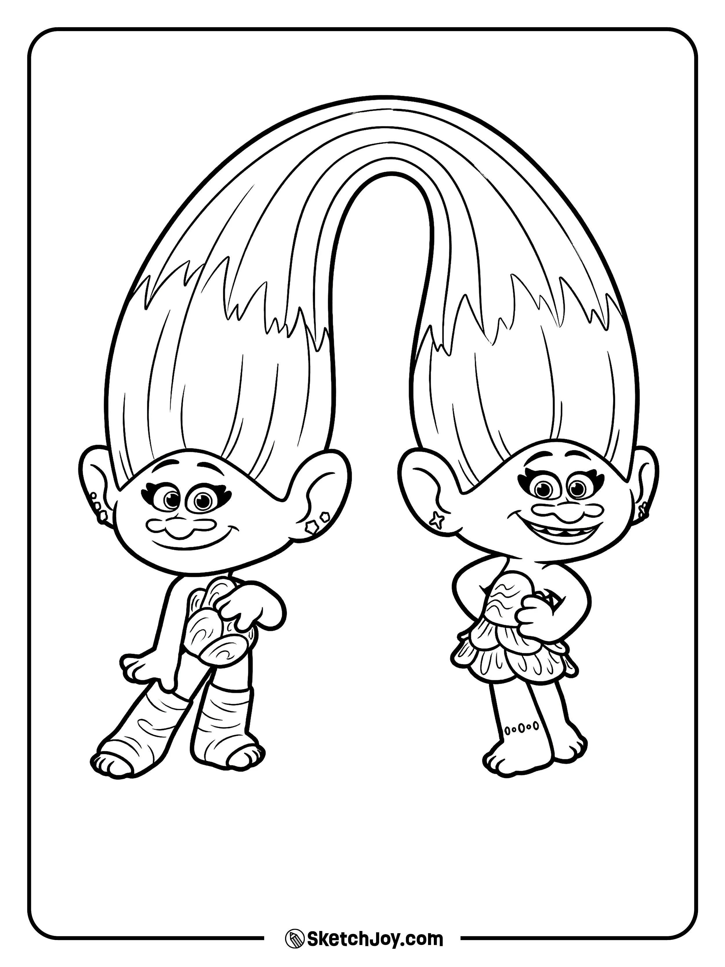 Satin and Chenille stand together with their hair joined like a rainbow.