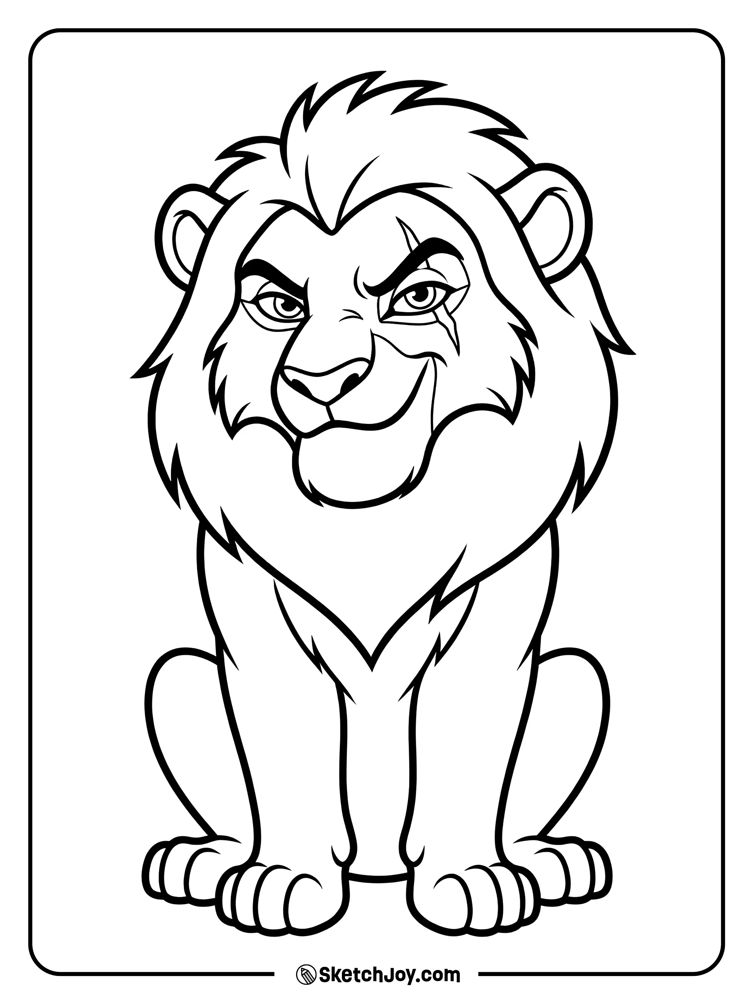 Scar looks sly with a sharp grin and narrow eyes.