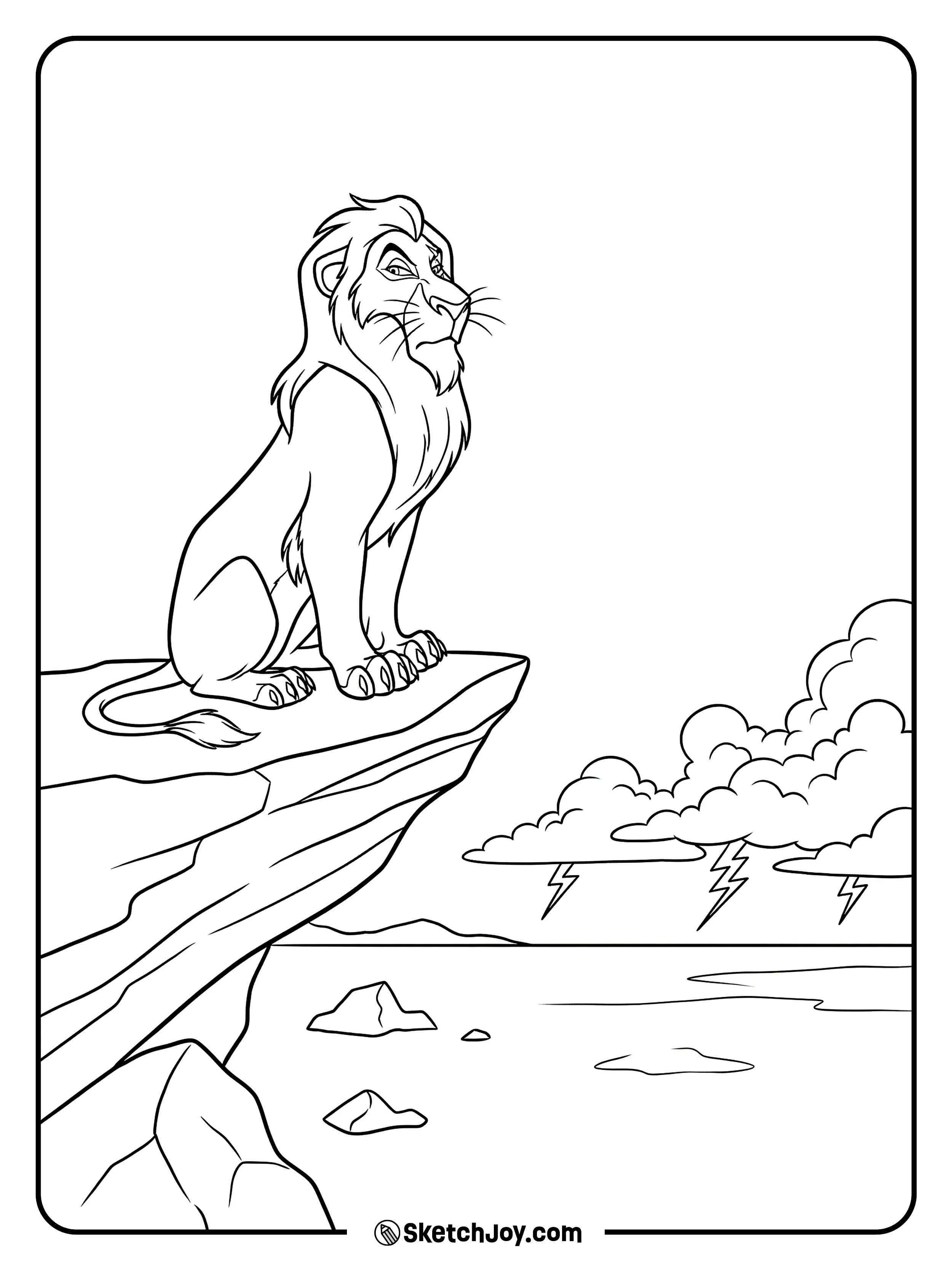 Scar sits on the rock with a stormy sky behind him.