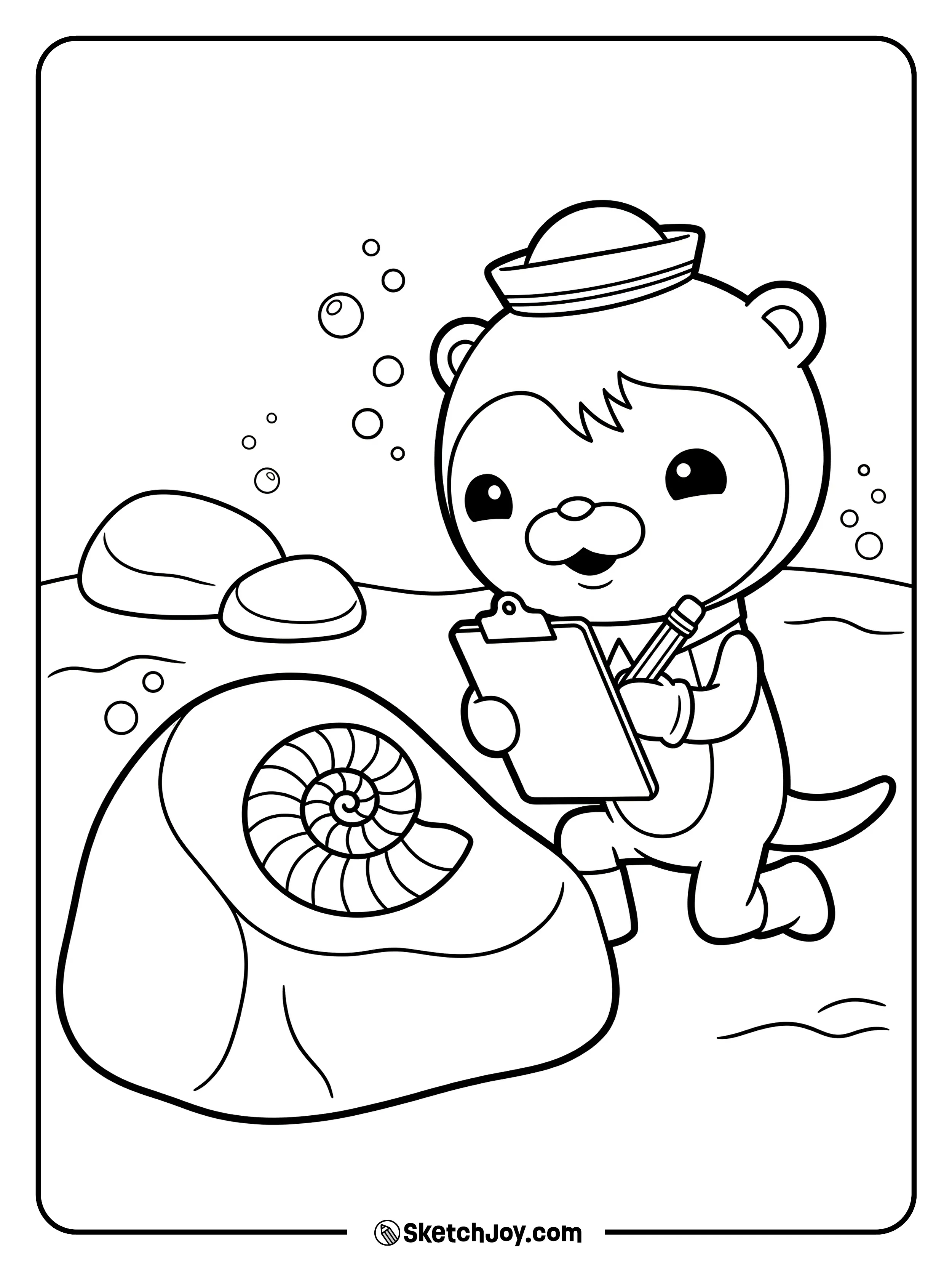 Shellington looks at a fossil on a rock with a small note pad.