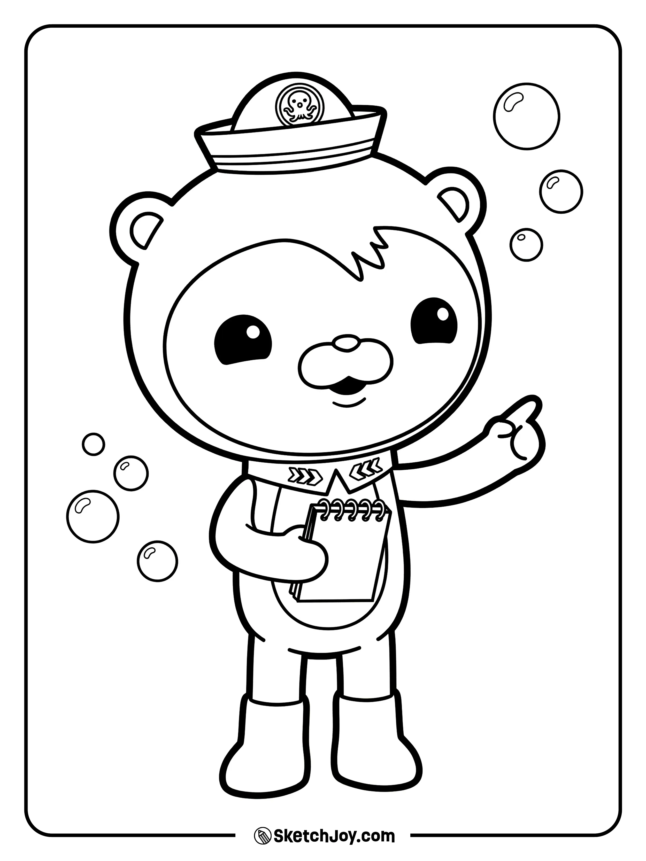 Shellington holds a note pad and points like a teacher.