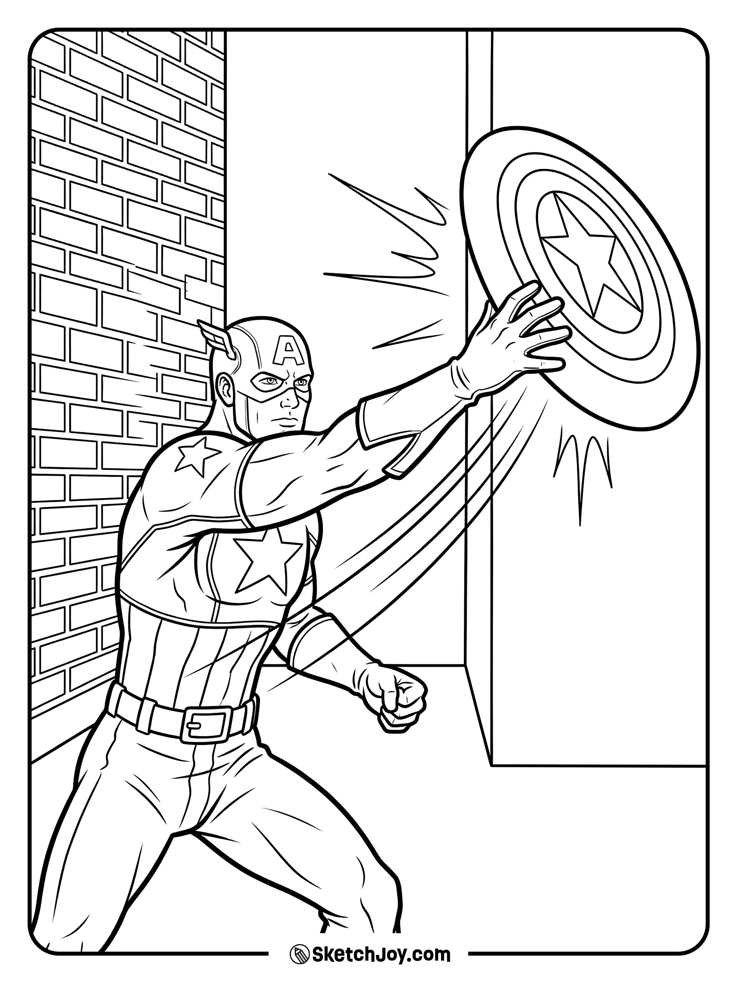 The shield bounces back as Captain America reaches to catch it.