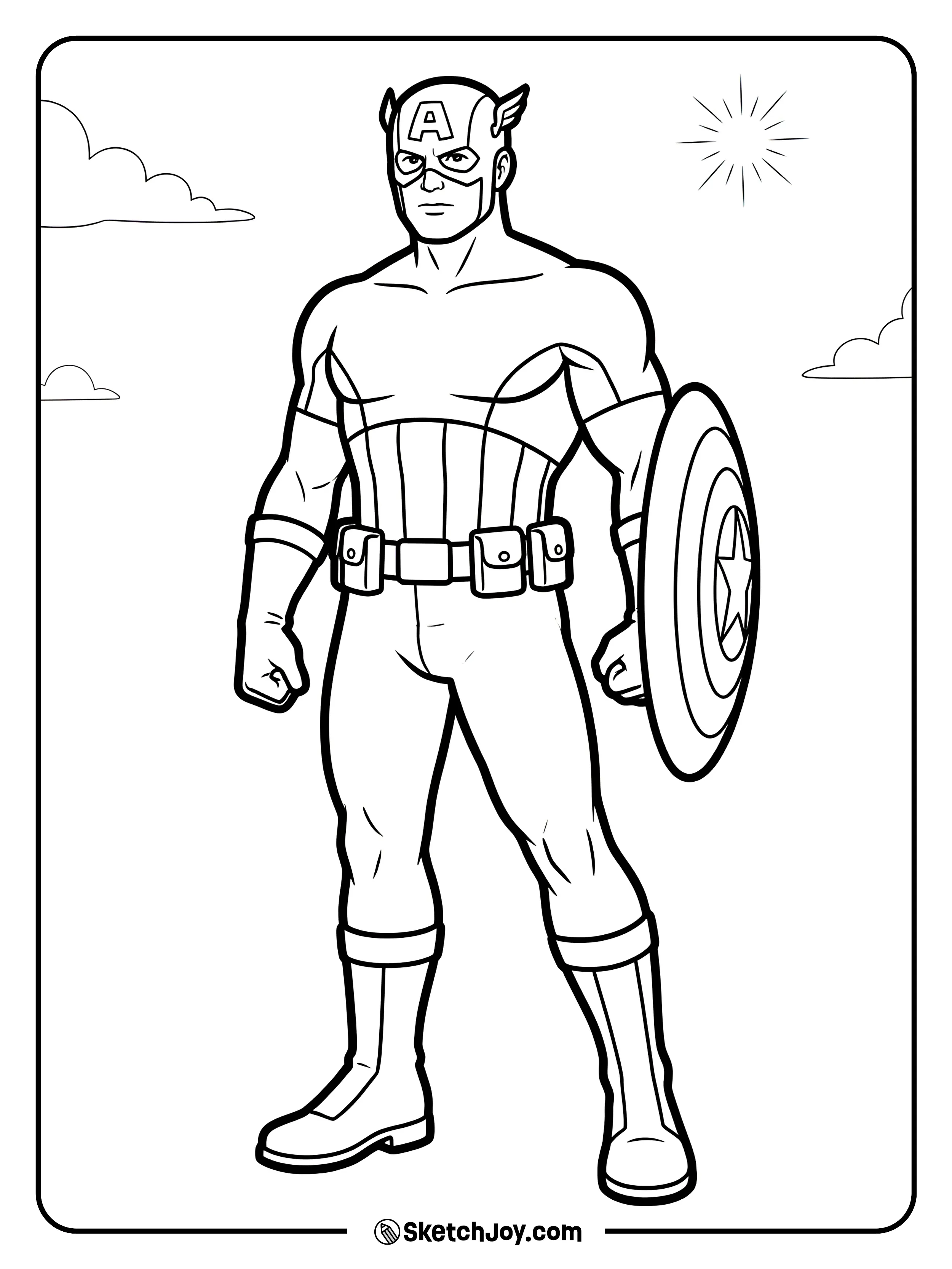 He stands calm with the shield resting by his leg.