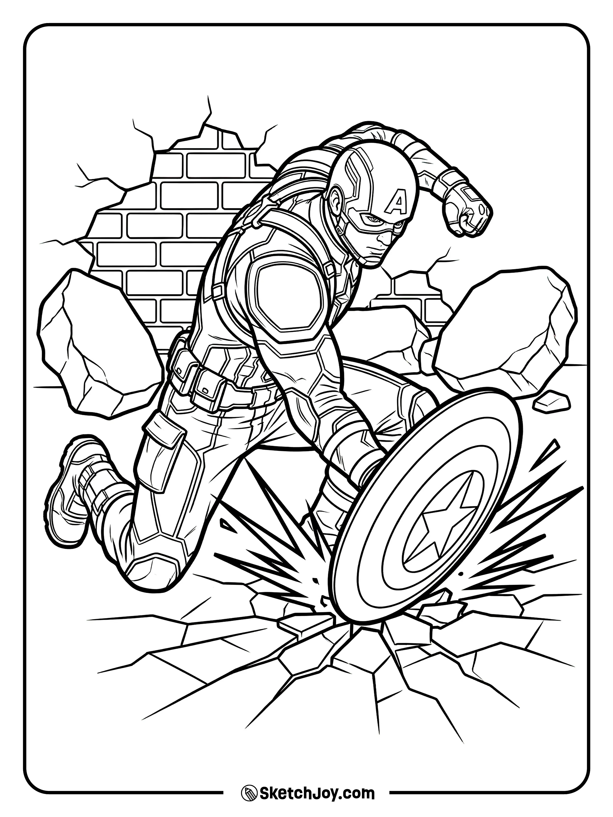 He slams the shield down with a strong impact.