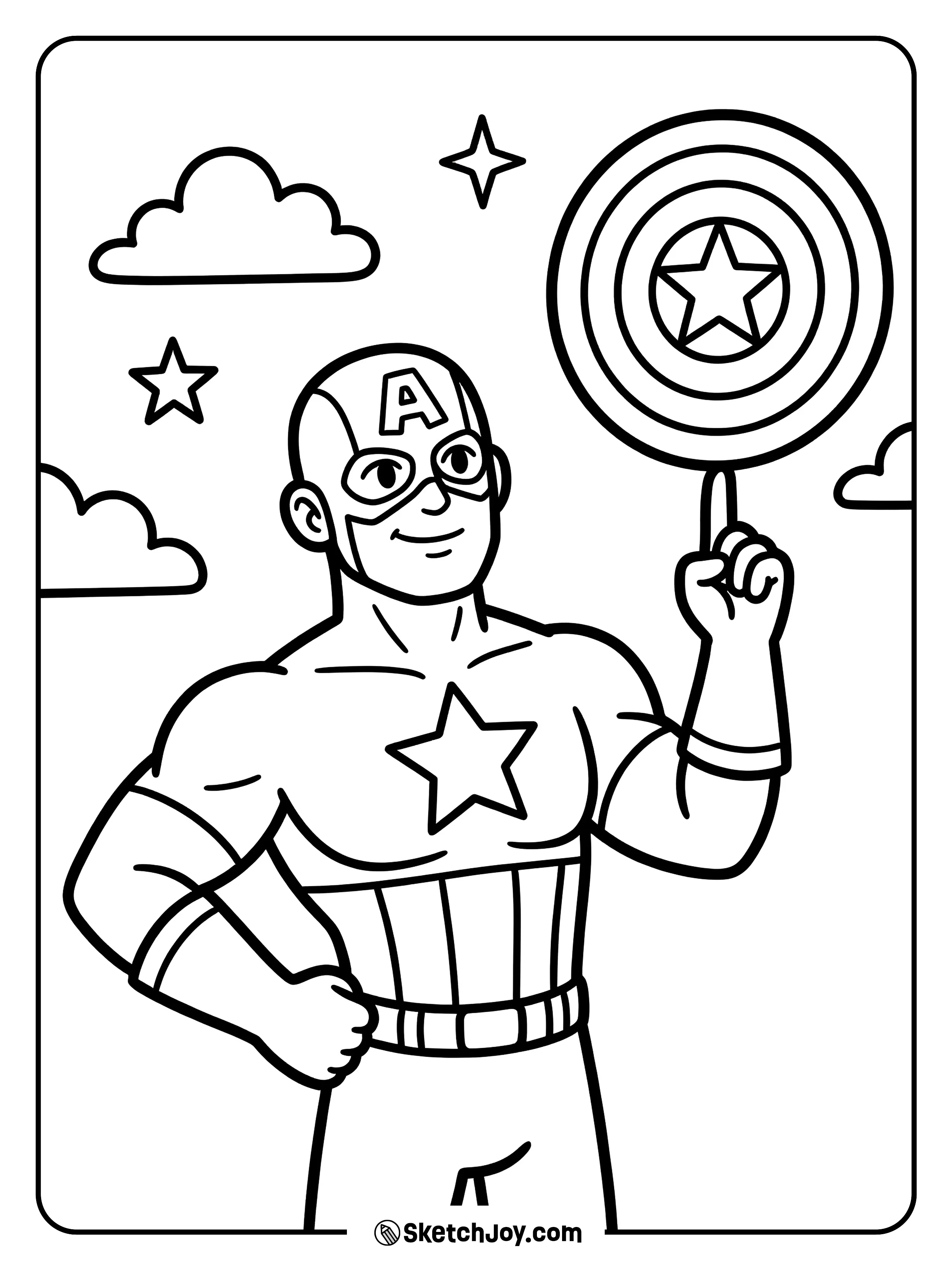 He spins the shield on one finger with control.