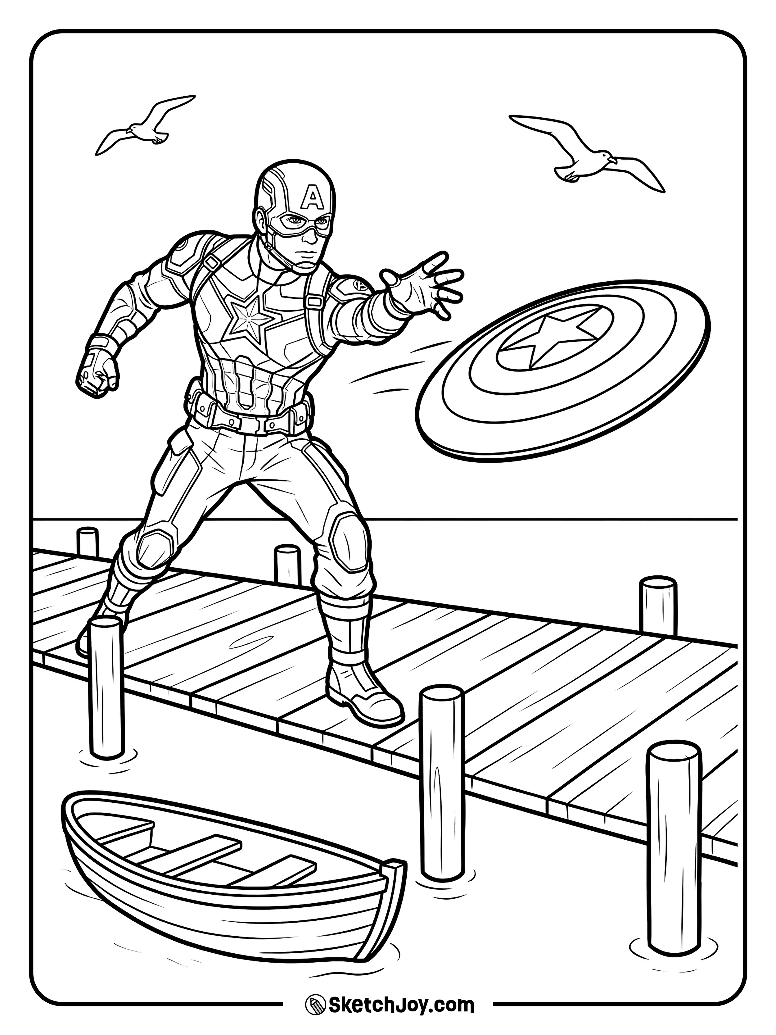 Captain America throws his shield near the water with a calm, clean scene.