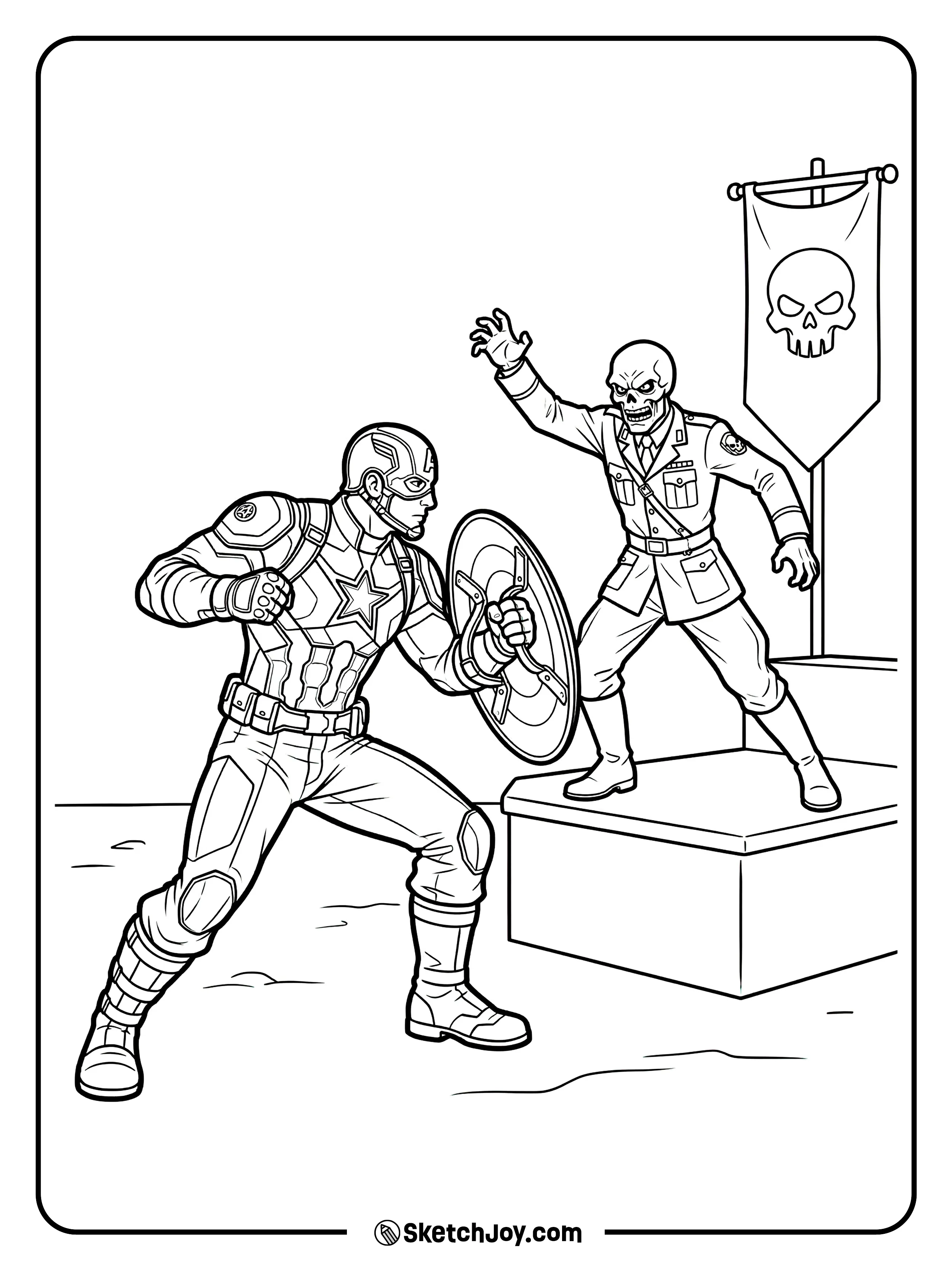 Captain America faces Red Skull in a bold standoff.