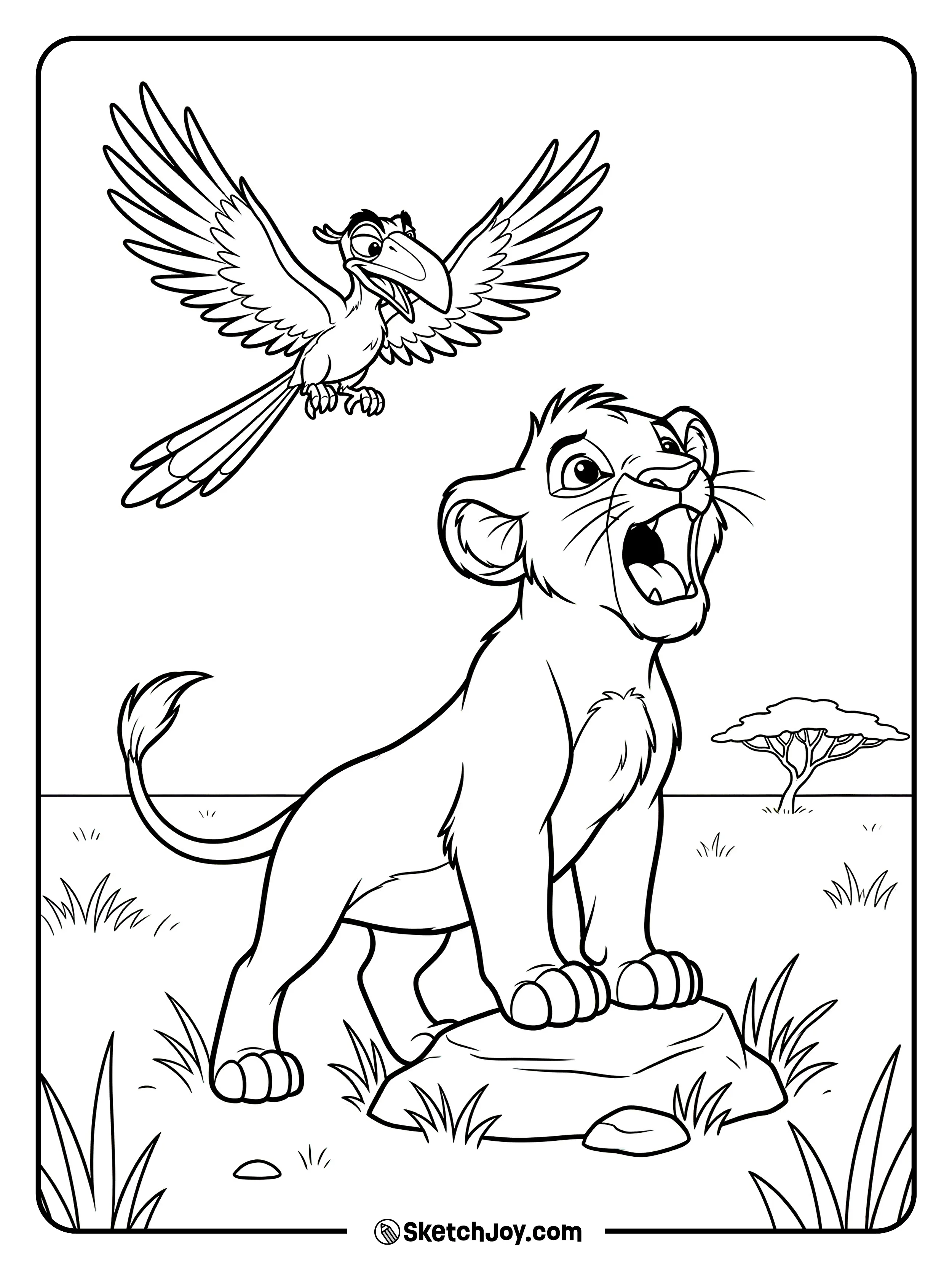 Simba tries a big roar while Zazu watches from above.