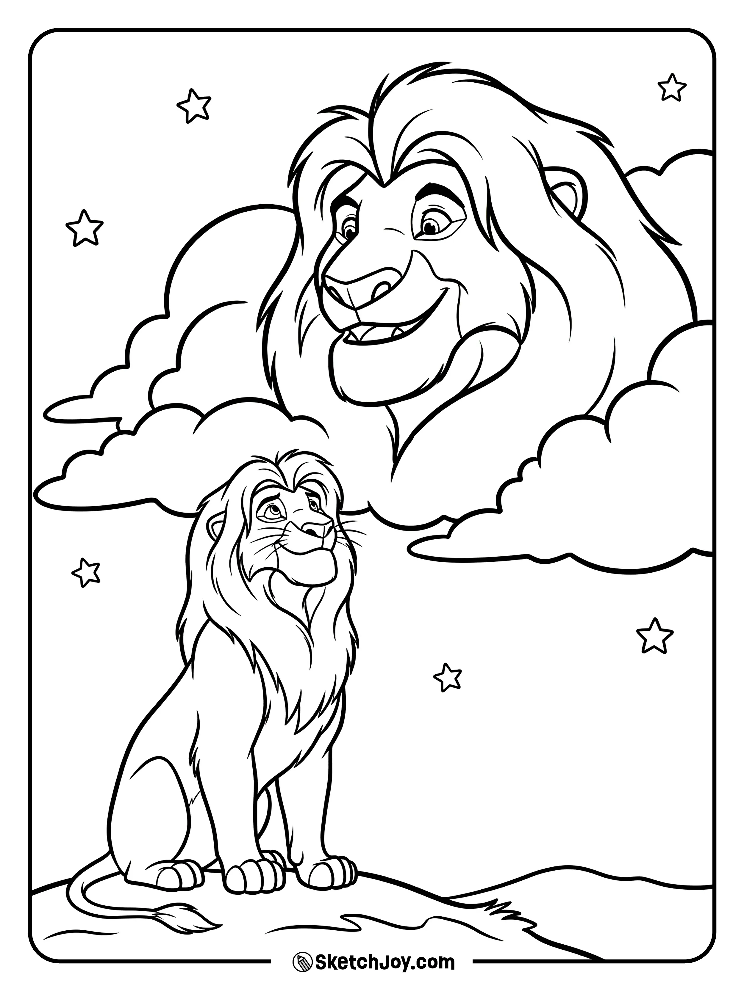 Simba looks up and sees Mufasa’s face in the clouds.