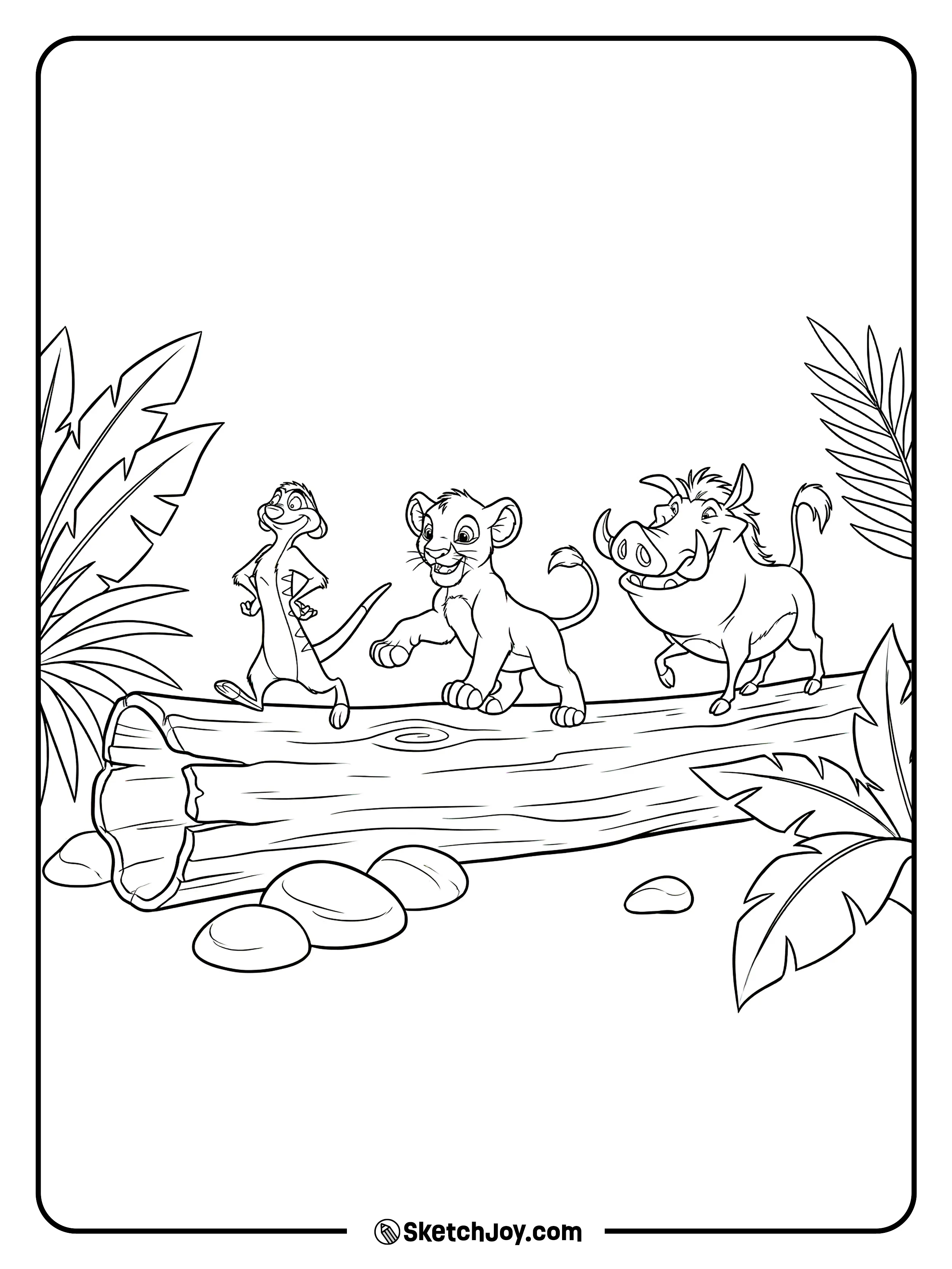 Timon leads the way as Simba and Pumbaa balance on a fallen log.