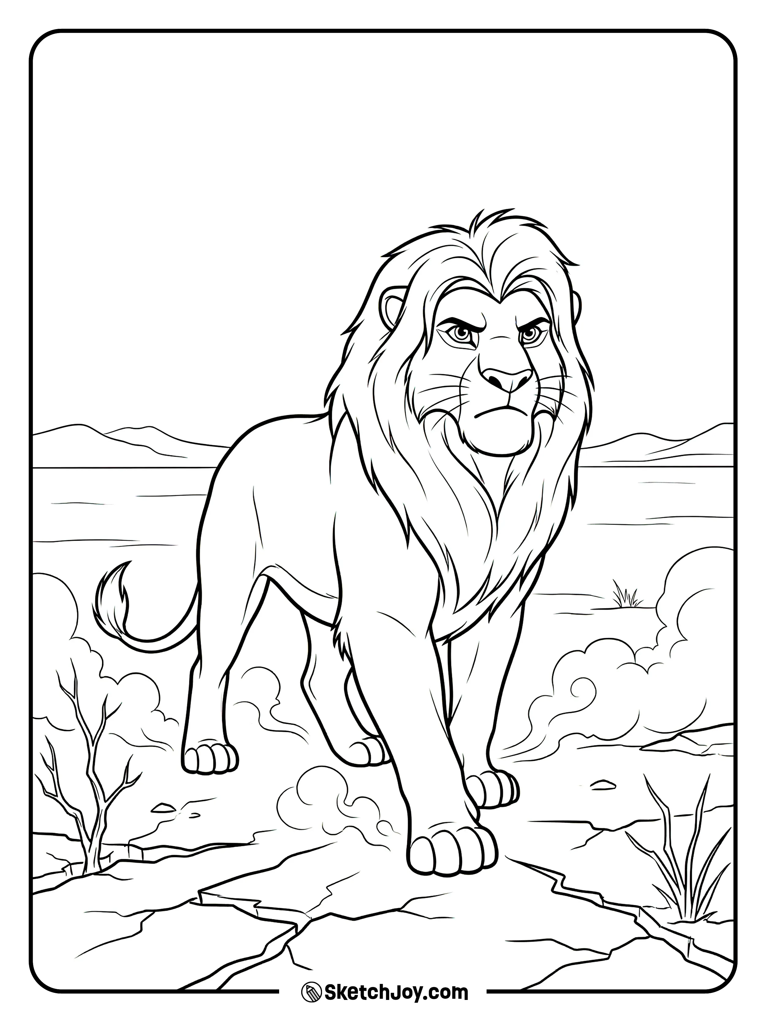 Simba walks past dry ground as the wind blows dust.