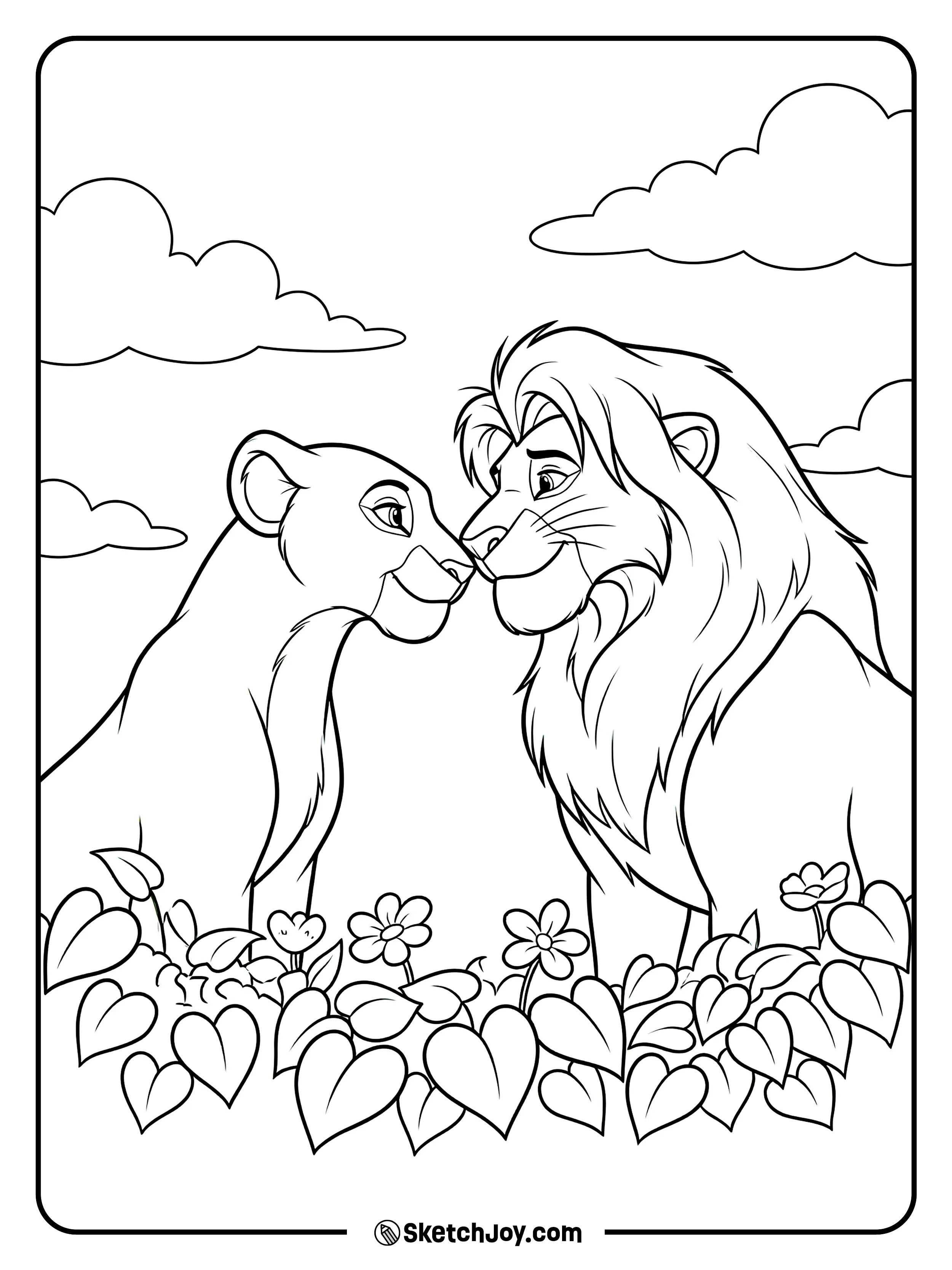 Simba and Nala touch noses in a sweet, quiet moment.