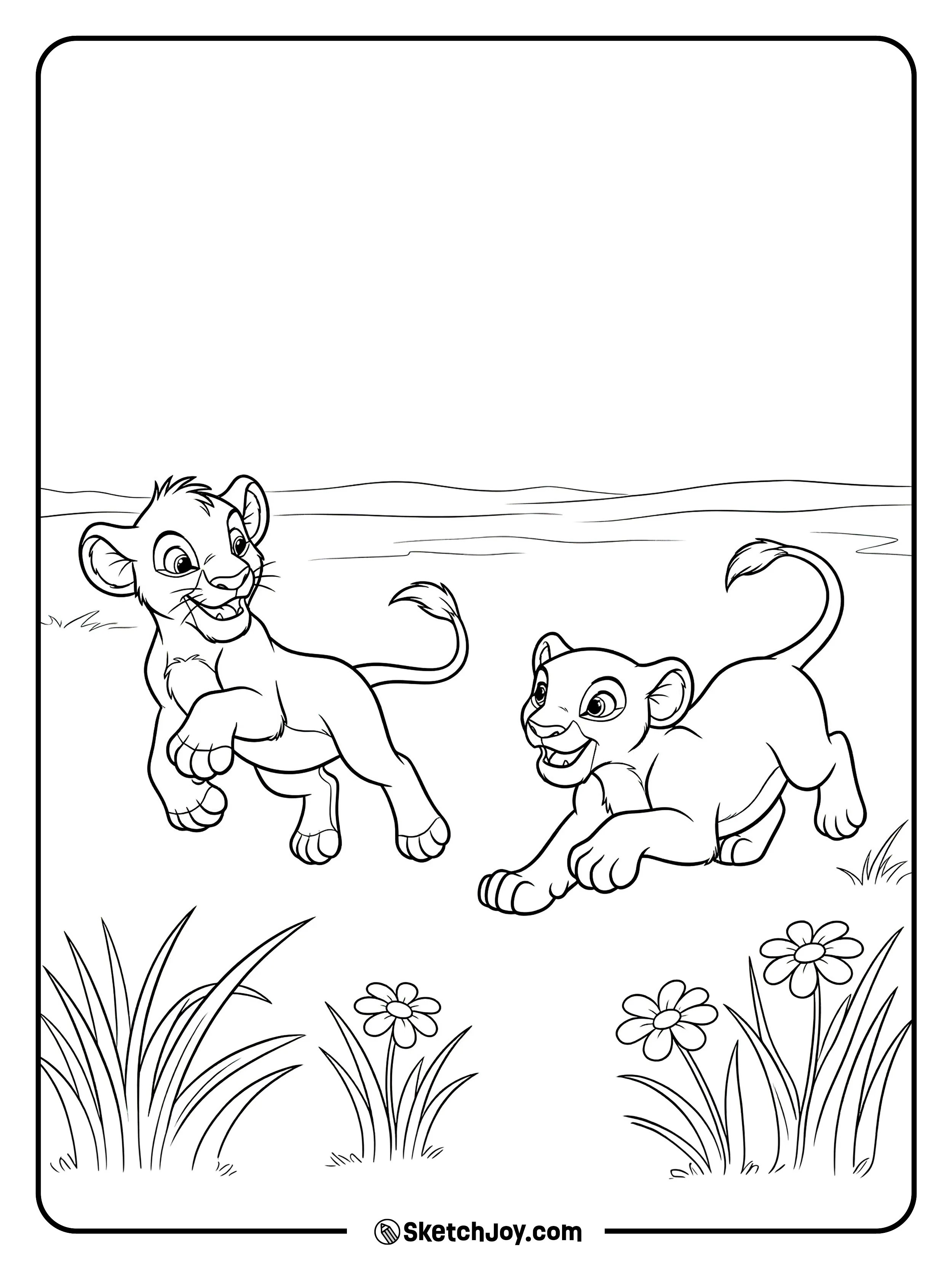 Nala pounces while Simba laughs and hops away.