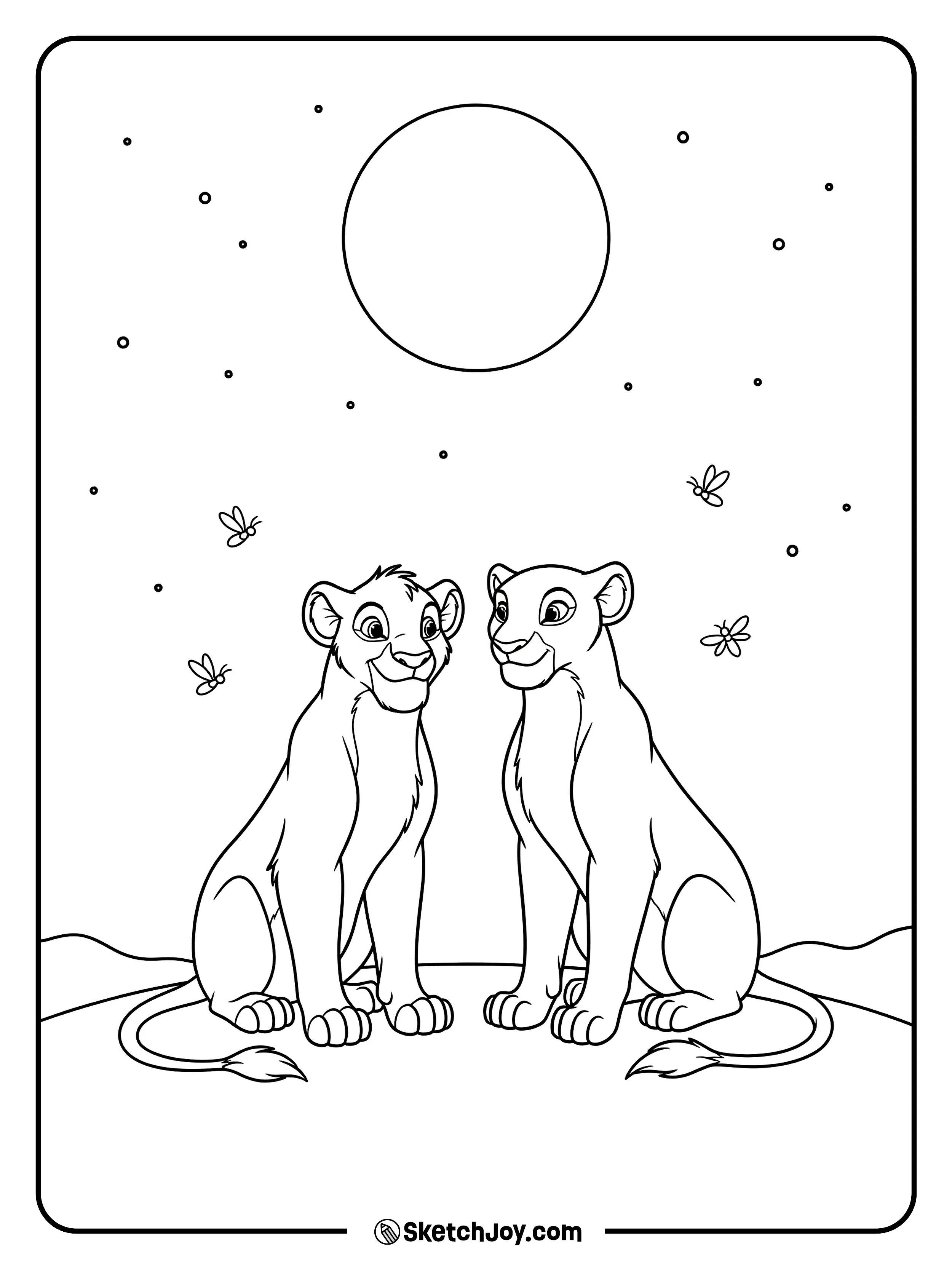 Simba and Nala sit close and look at a sky full of stars.