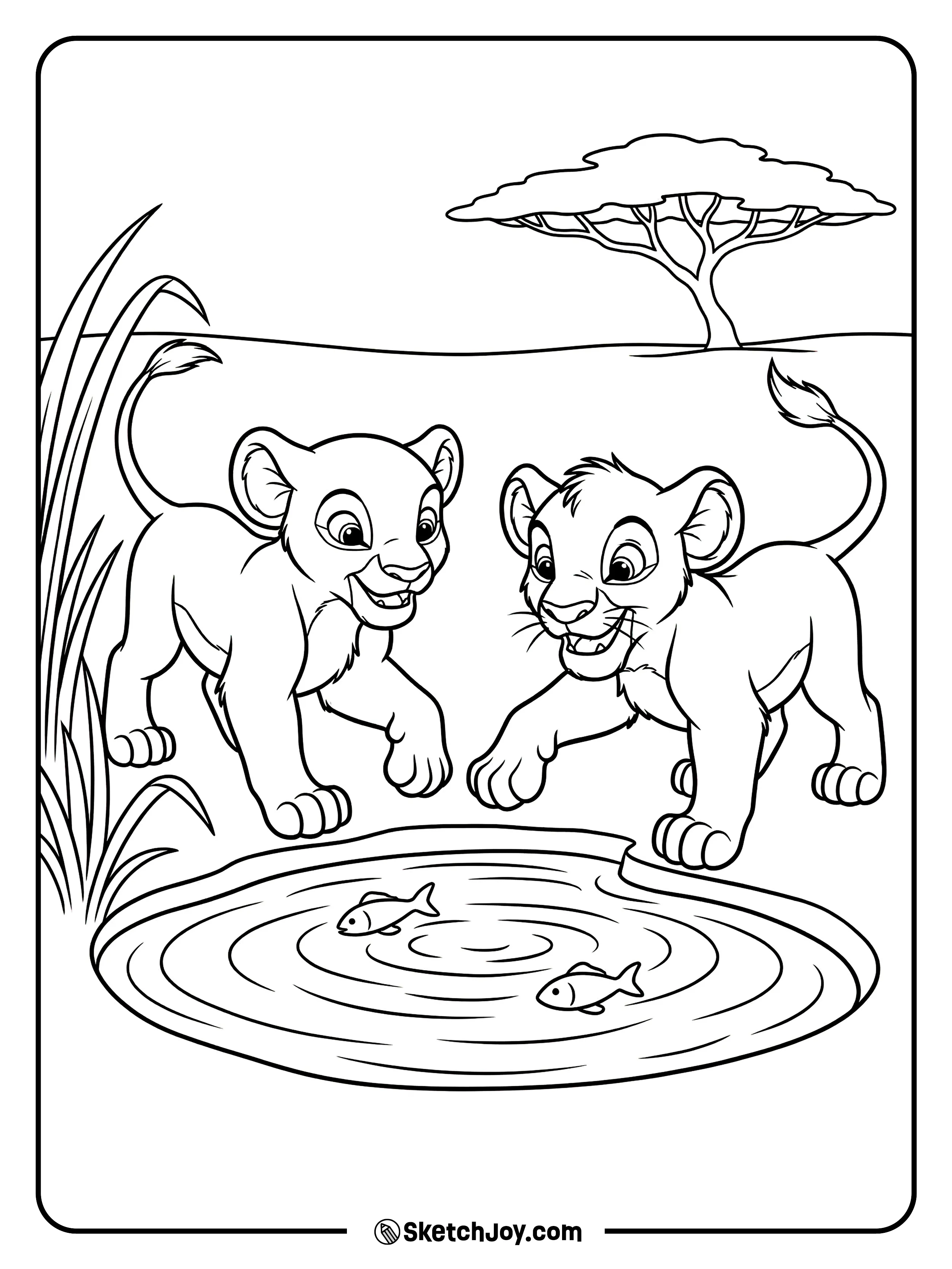 Simba and Nala play near the water while fish ripple the surface.