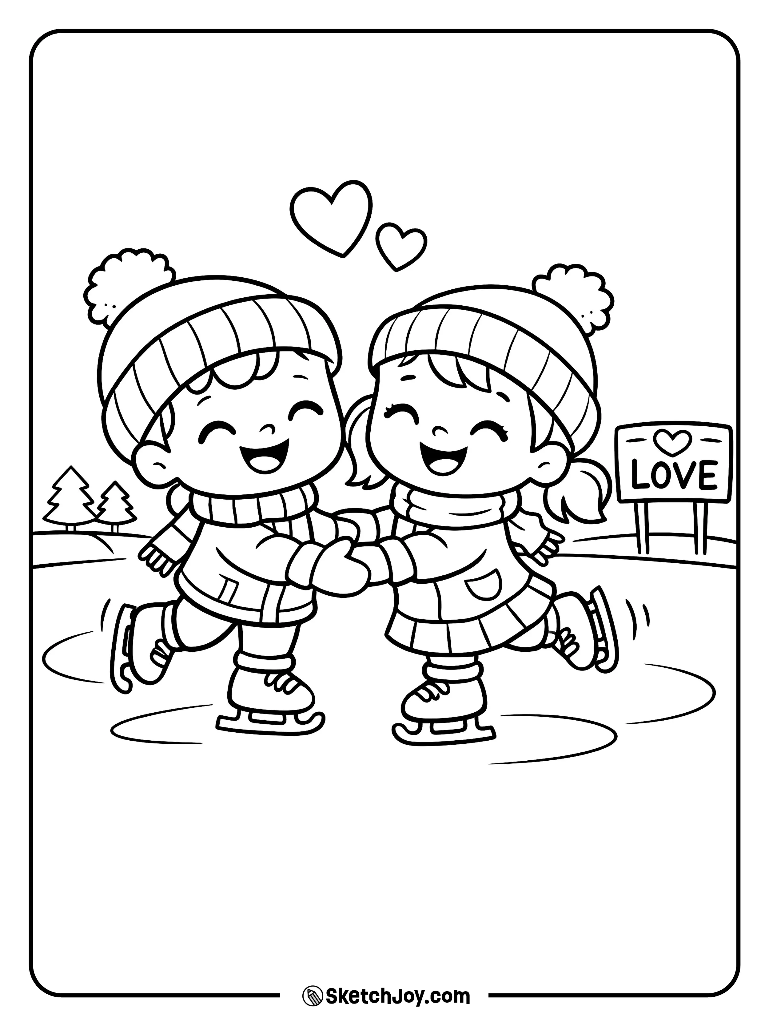 Two friends skate side by side with hearts in the air.