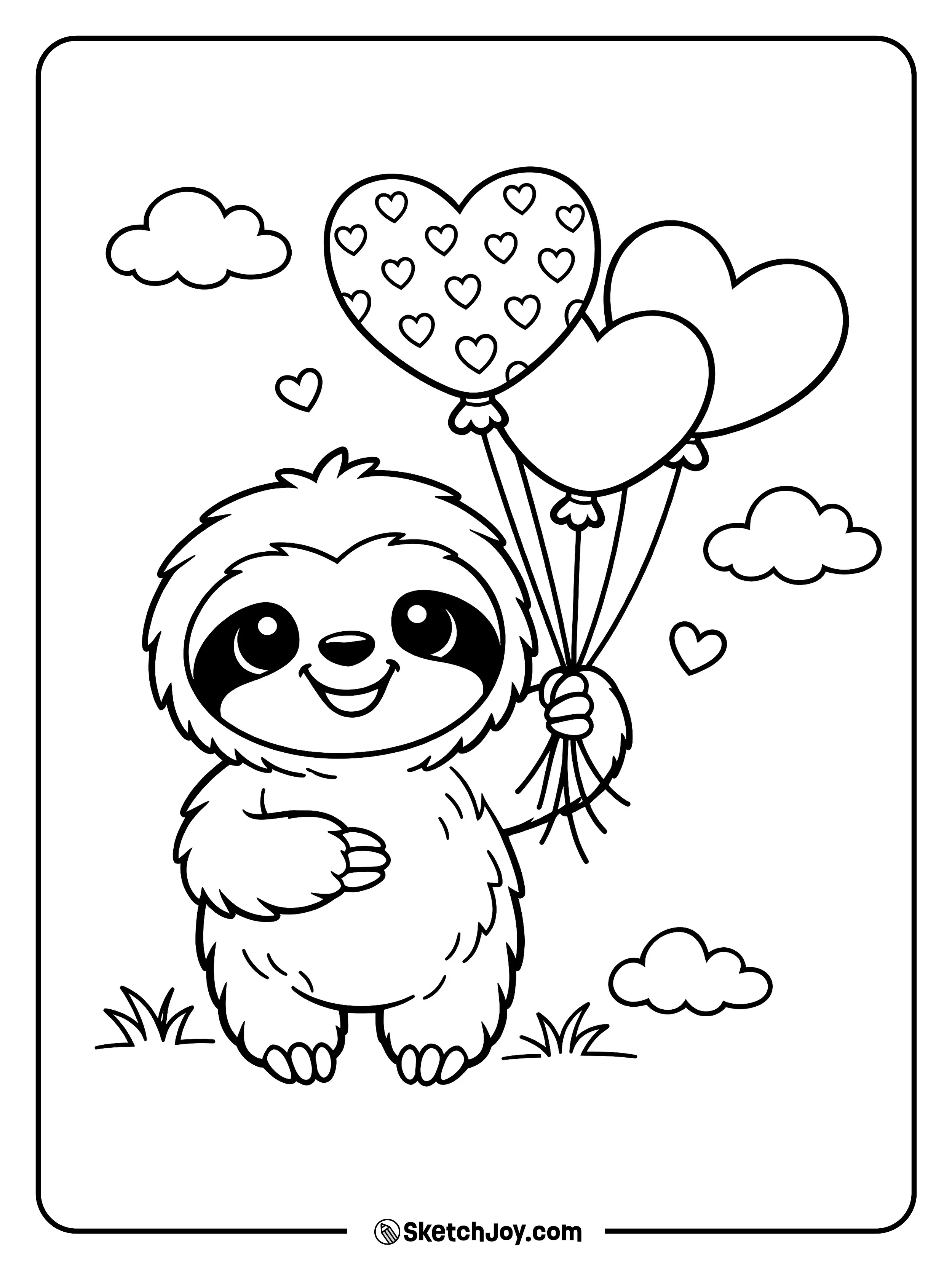 A calm sloth floats heart balloons in the air.