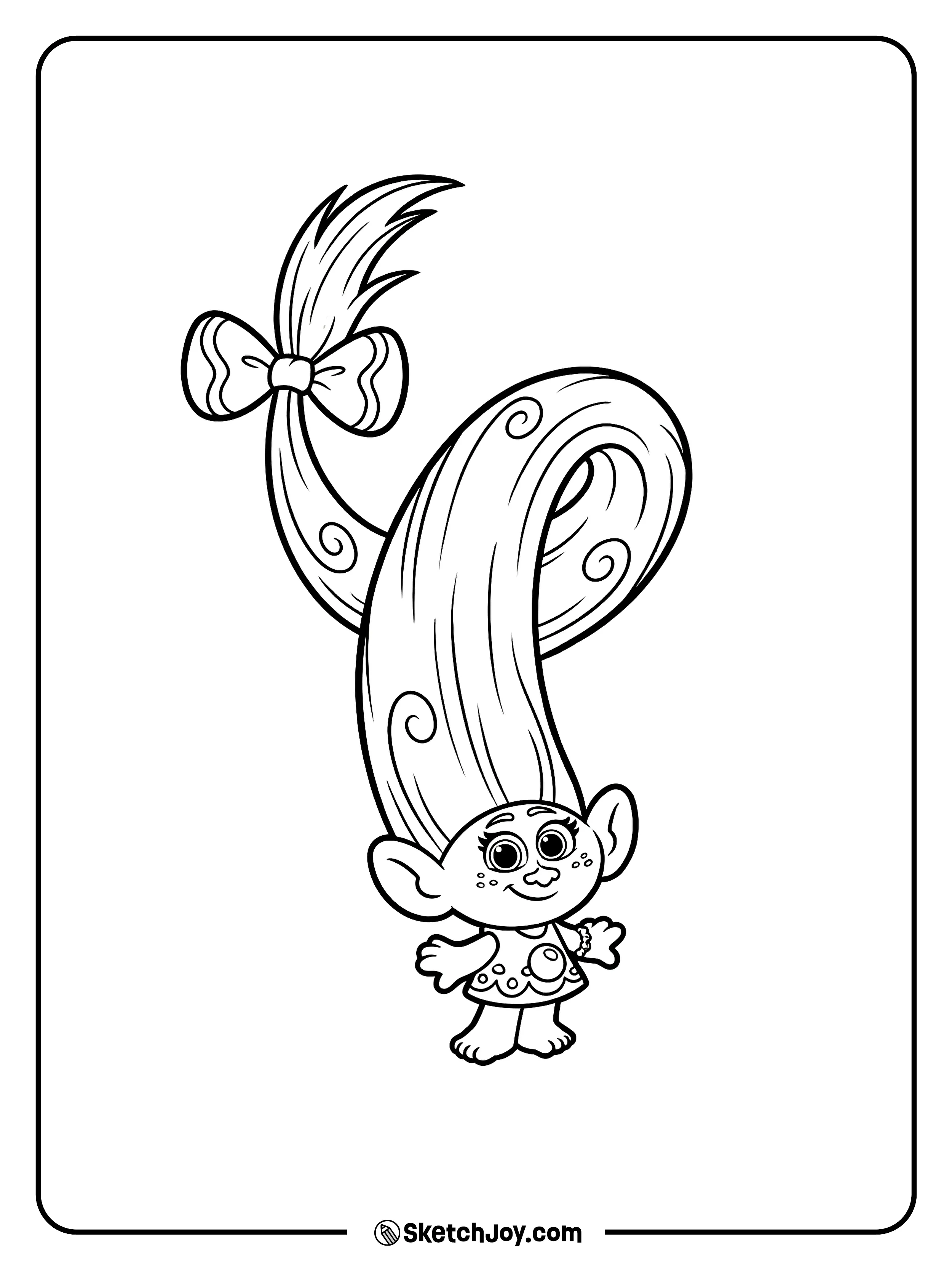 Smidge stands with a cute grin and a huge bow in her tall hair.