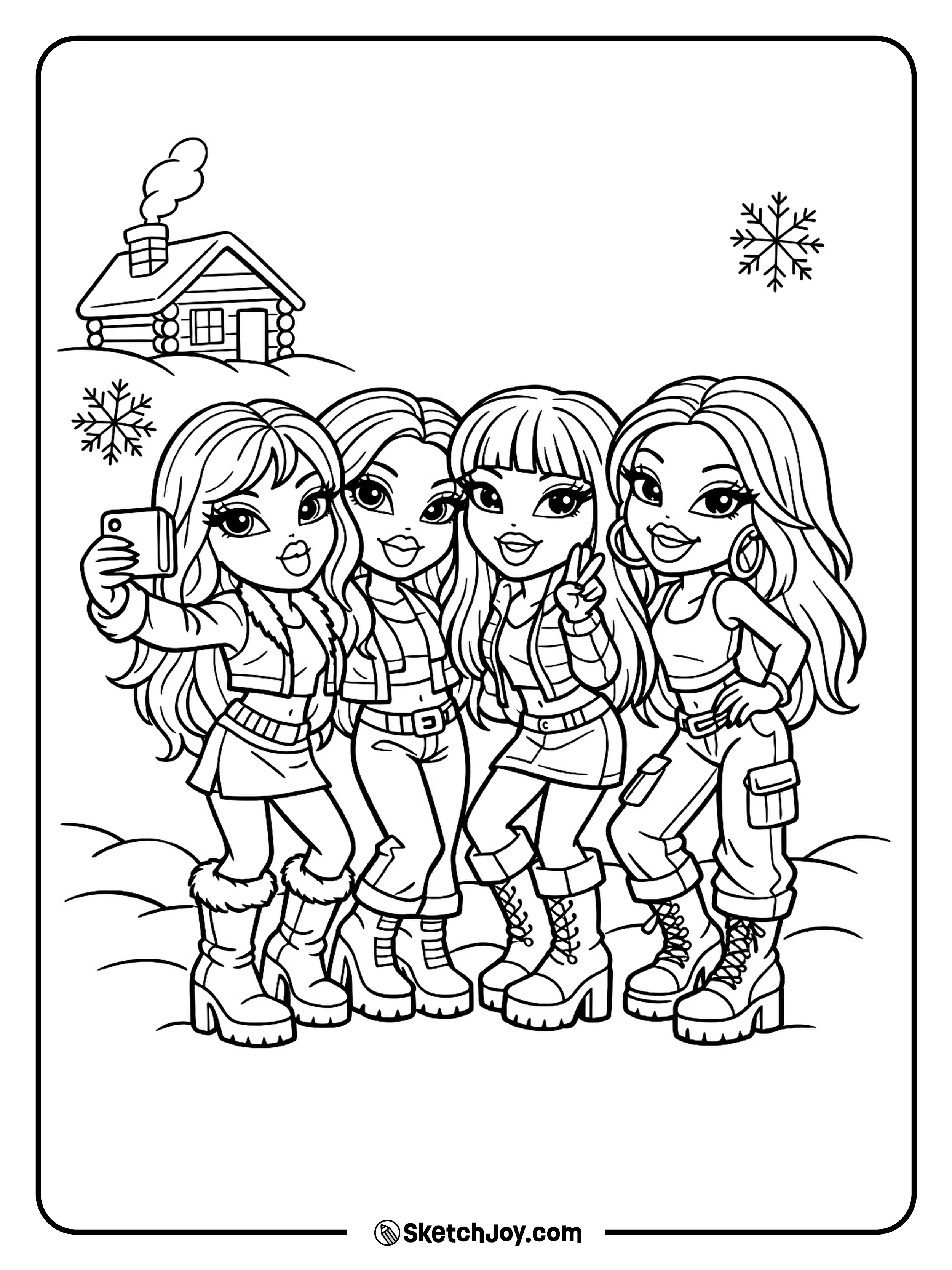The girls take a selfie with a simple cabin and two snowflakes behind them.