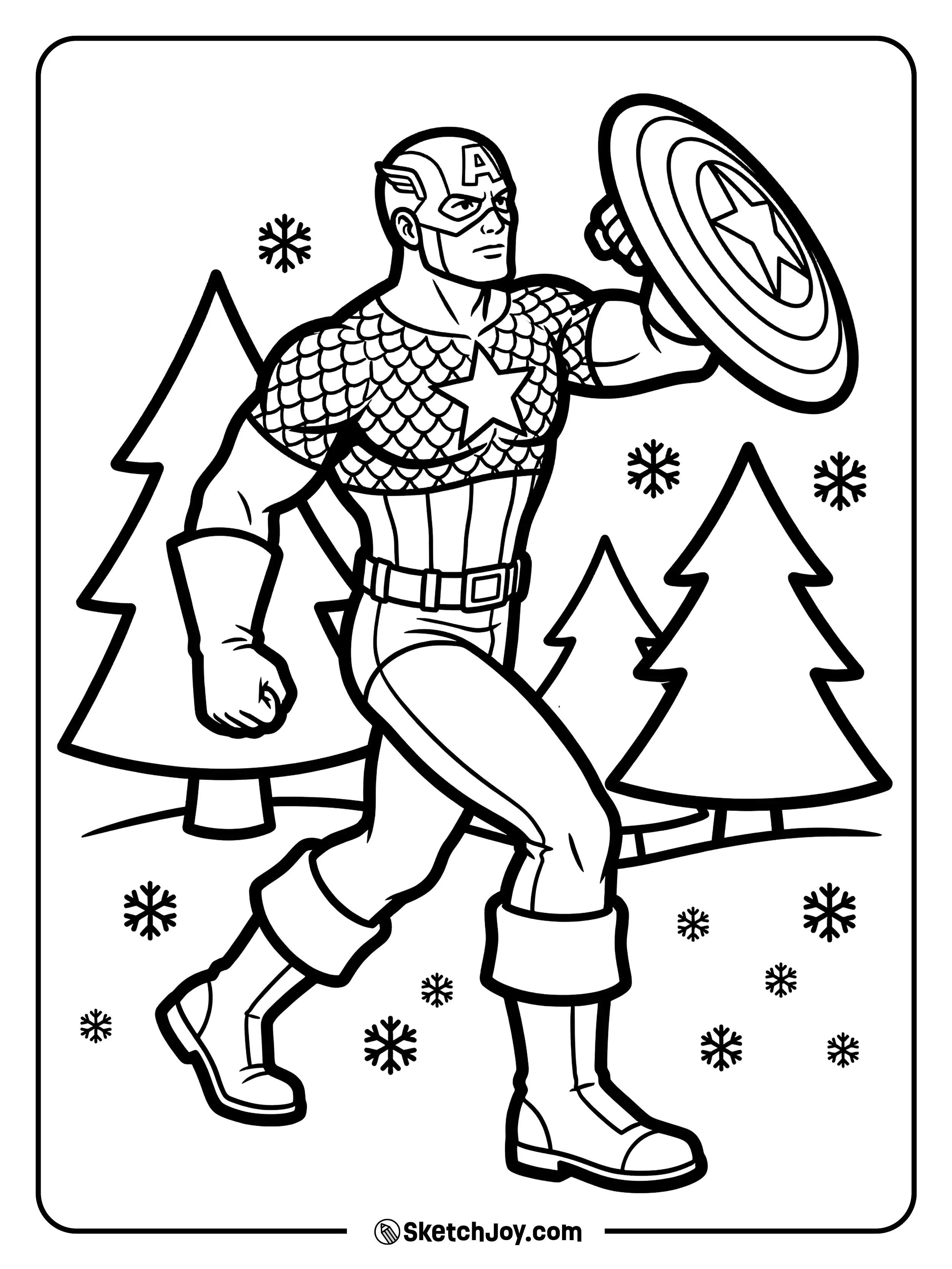 Captain America moves through snow with focus and care.