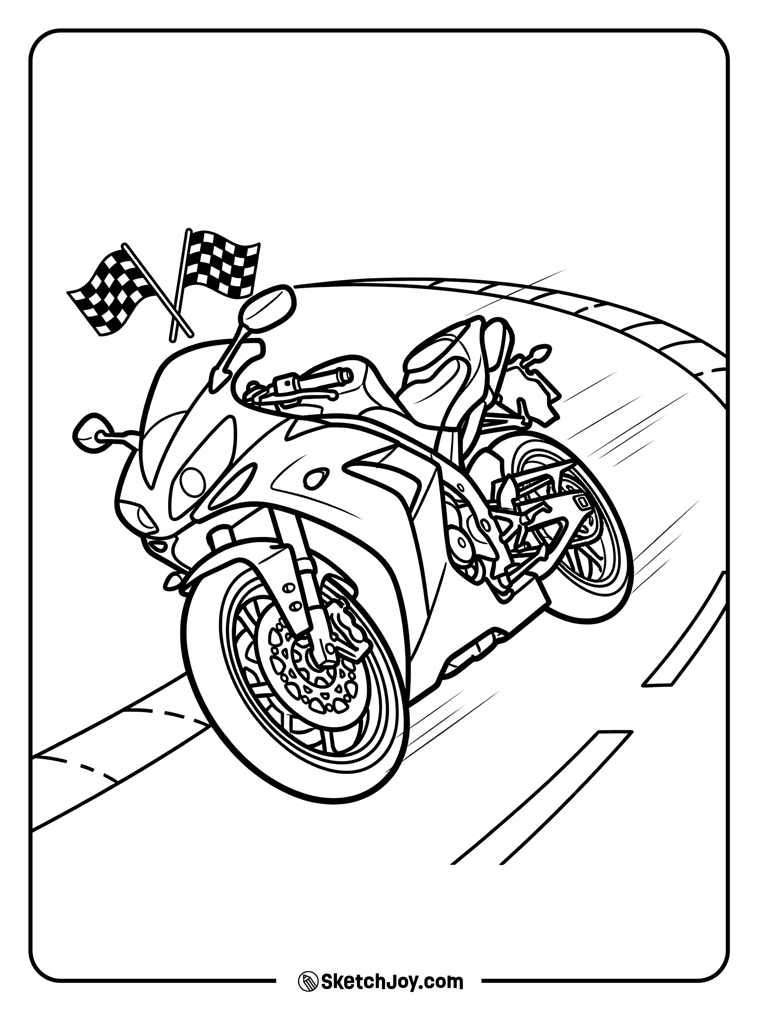 A race bike leans at the track with flags nearby.