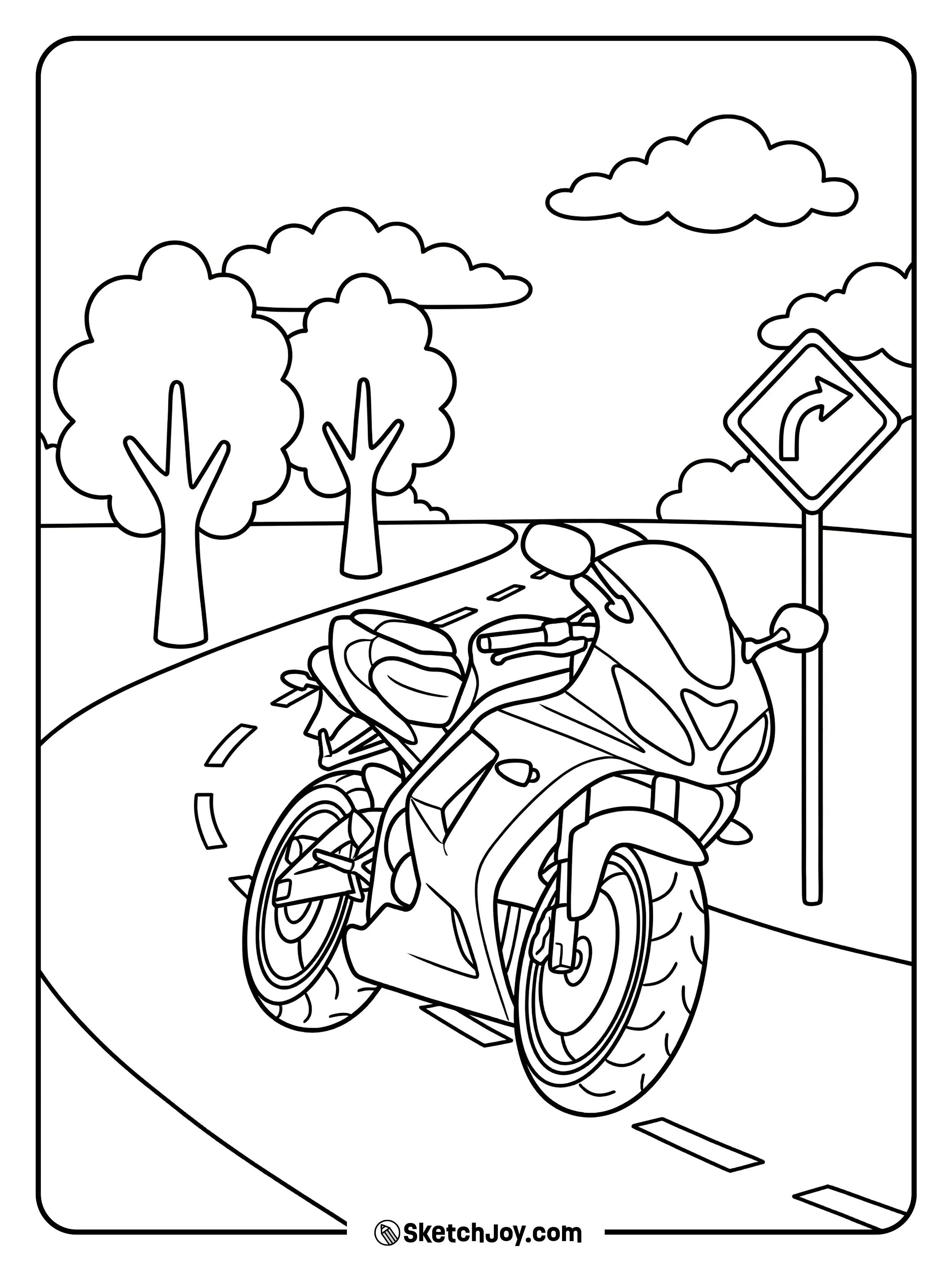 A sleek sport bike leans slightly on a safe curve.