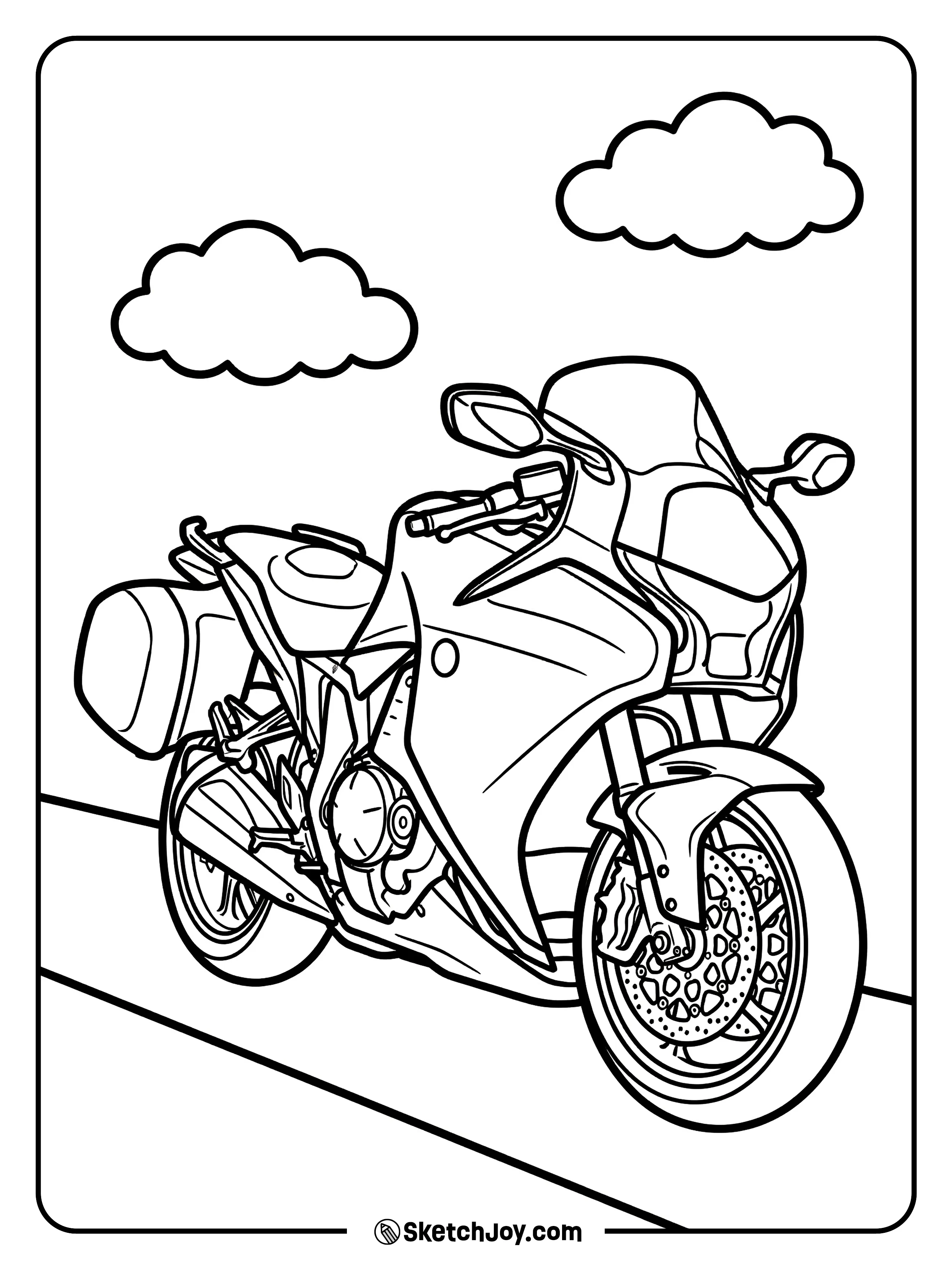 A sporty touring bike has a tall shield and side bags.