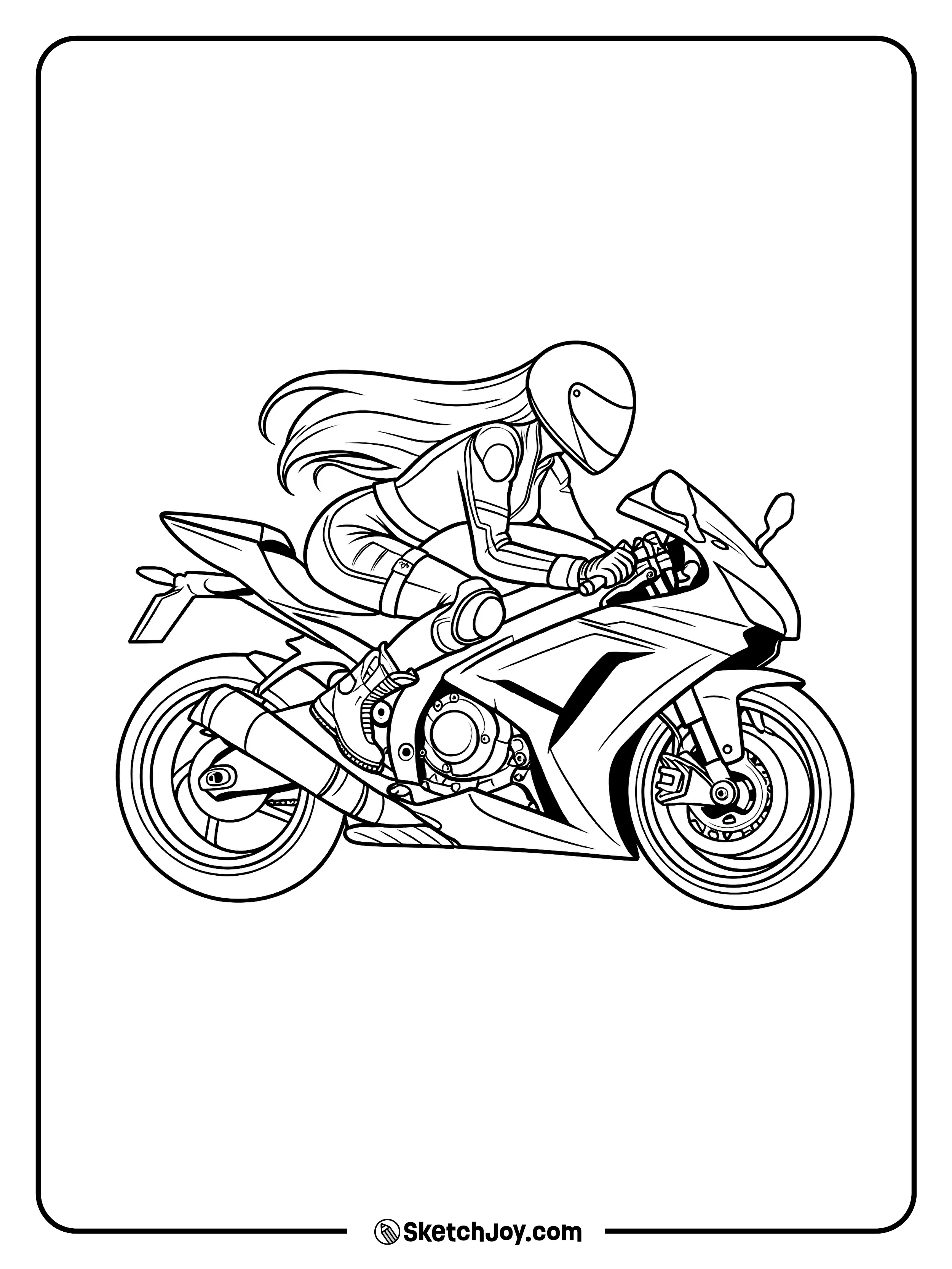 A rider with long hair speeds on a sportbike in a clean side view.