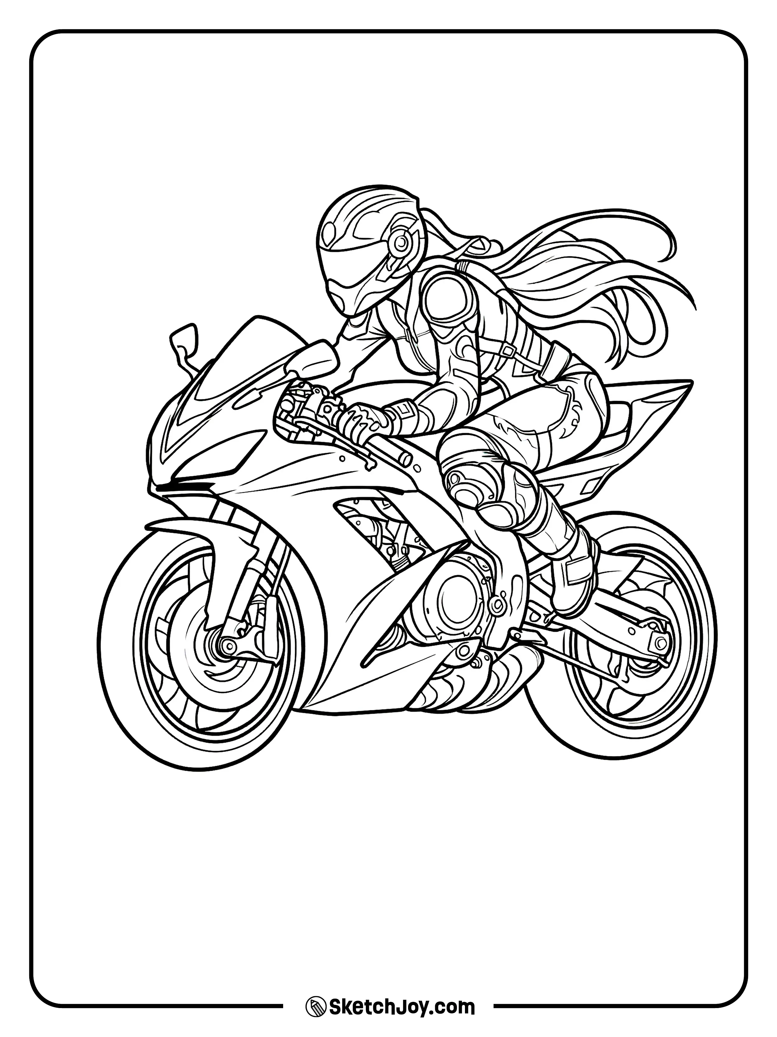 A helmeted rider speeds on a sportbike with hair flowing back.