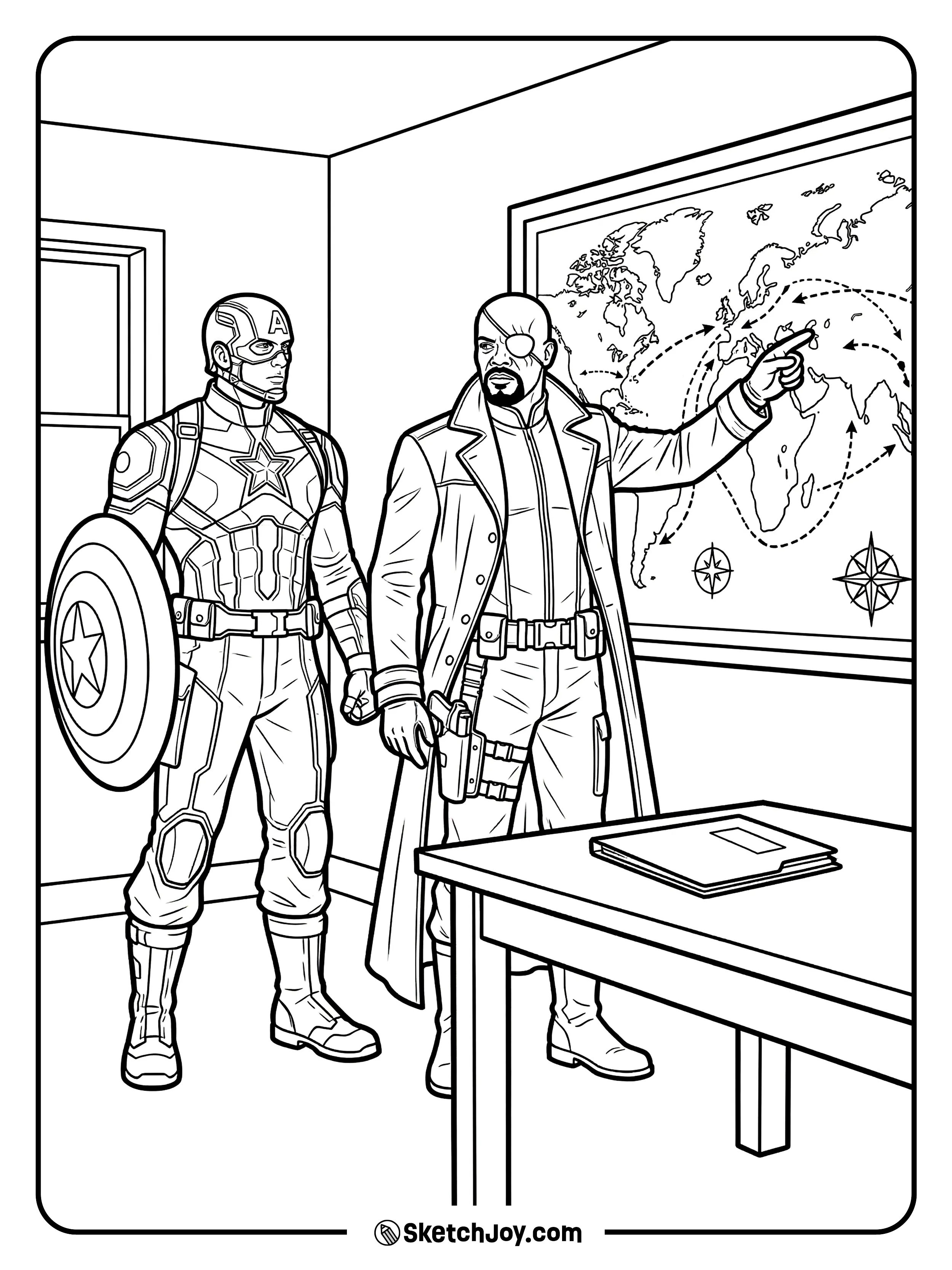 Captain America listens as Nick Fury points at a map.