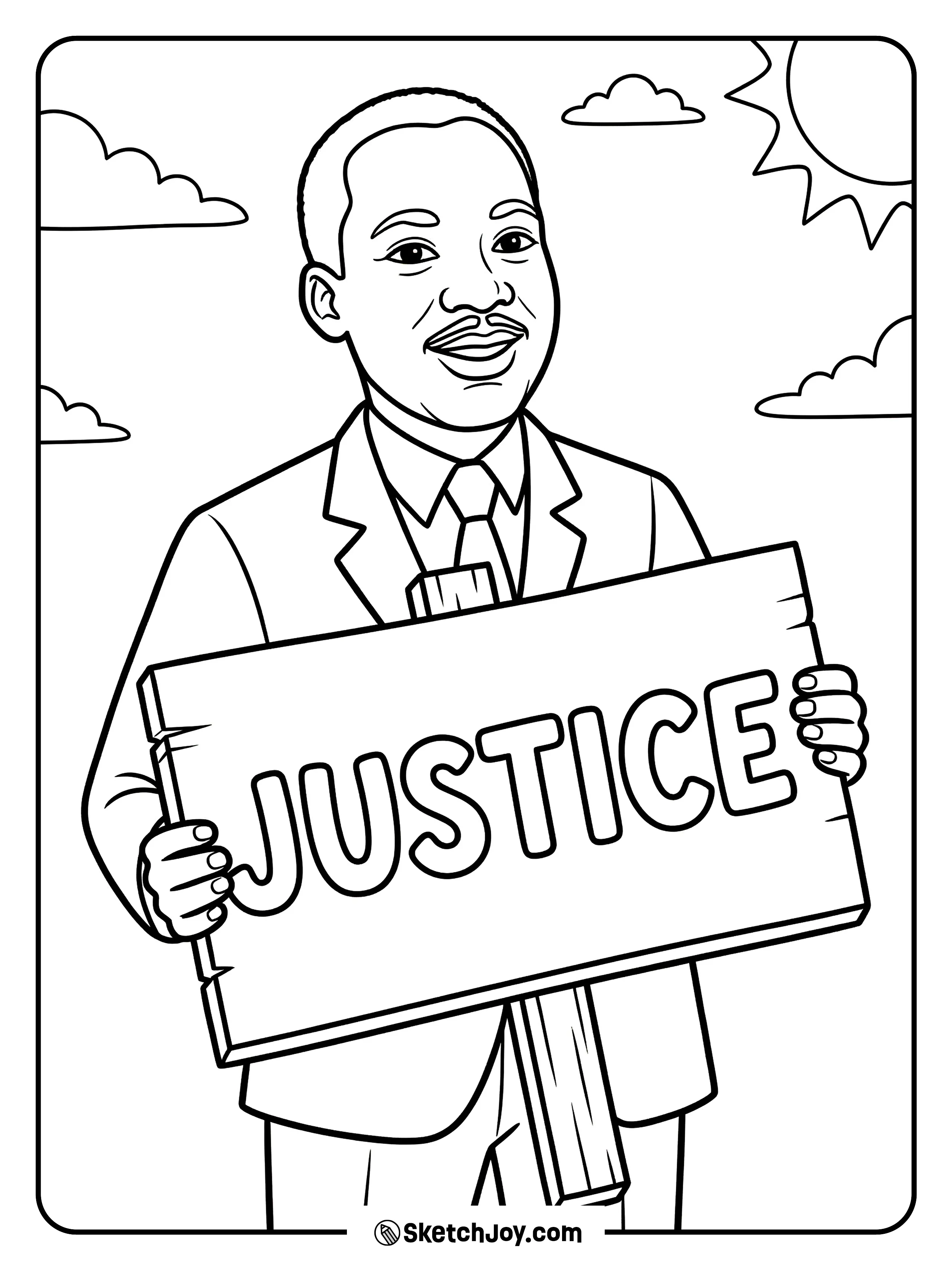 Dr. King holds a sign that says “JUSTICE” in big friendly letters.