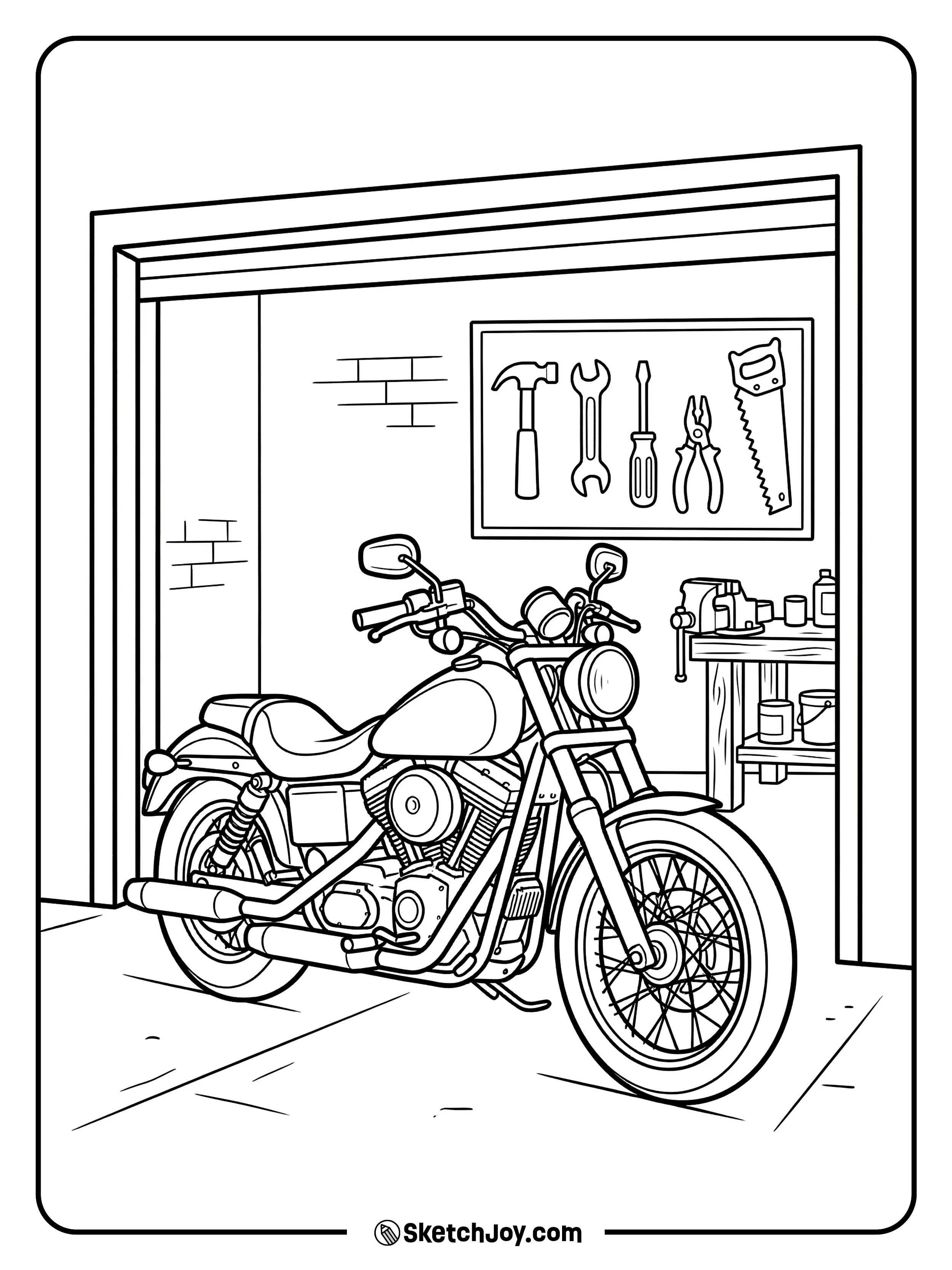 A bike sits in a garage with tools on the wall.