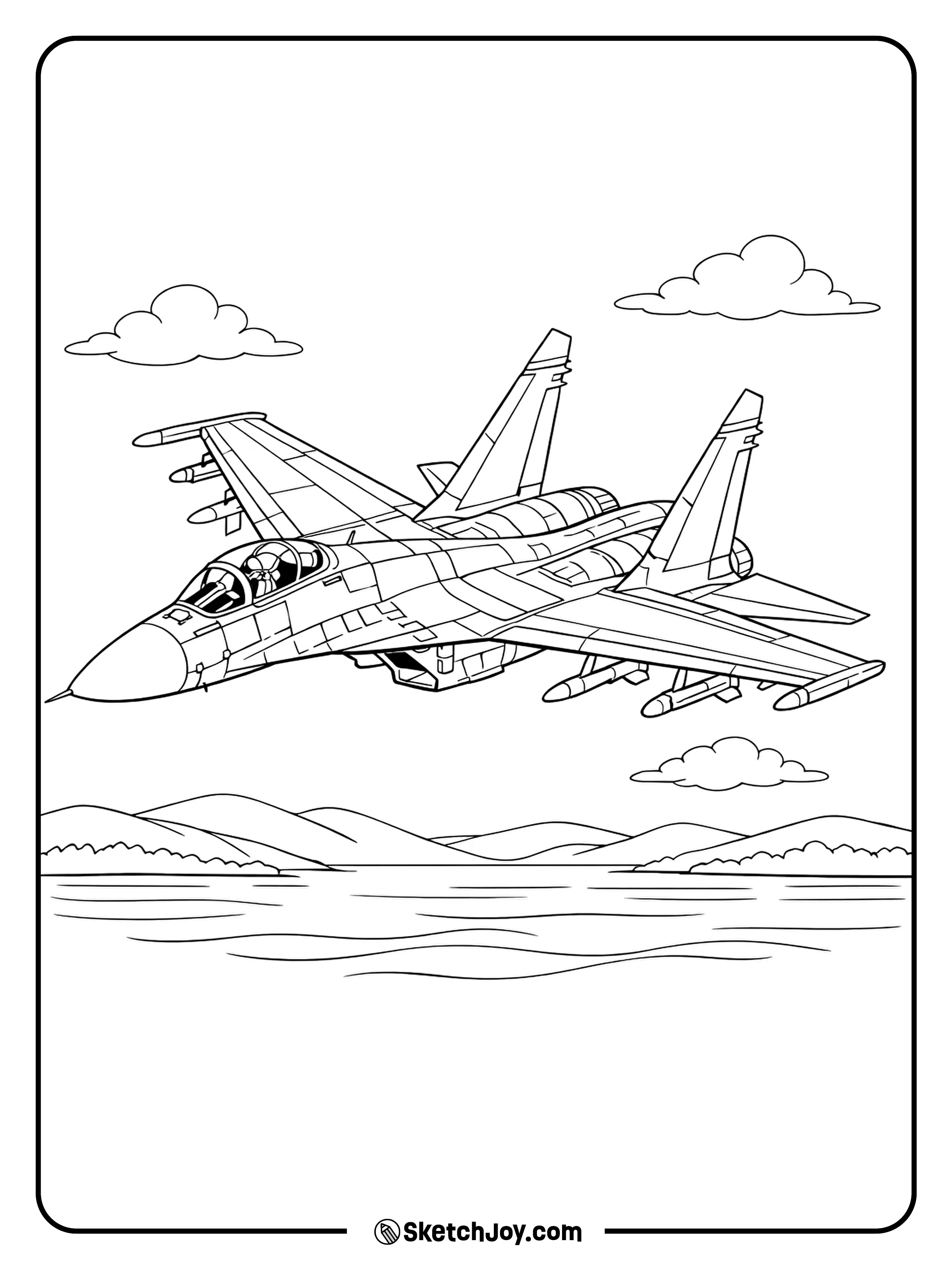 A Su-27 flies above a calm lake with simple ripples and hills.