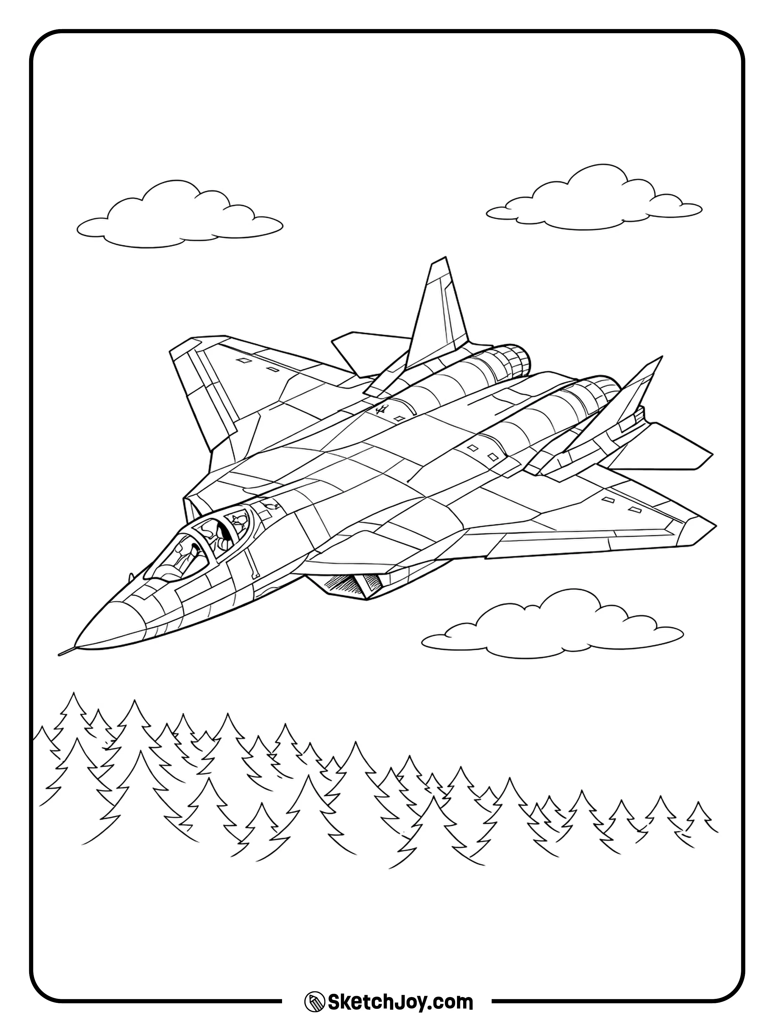 A Su-57 flies over a simple forest pattern and clouds.