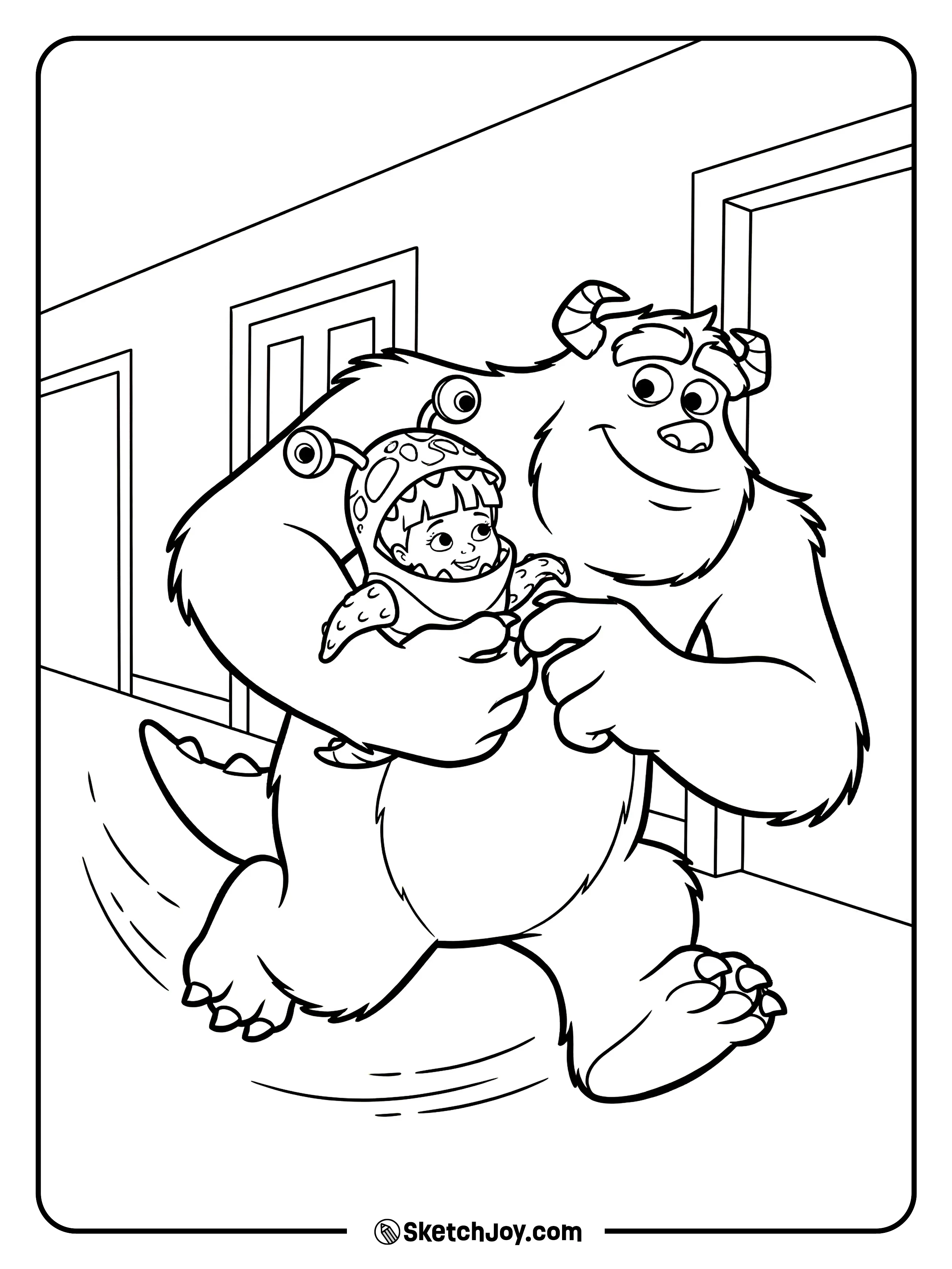 Sulley runs fast with Boo in his arms.