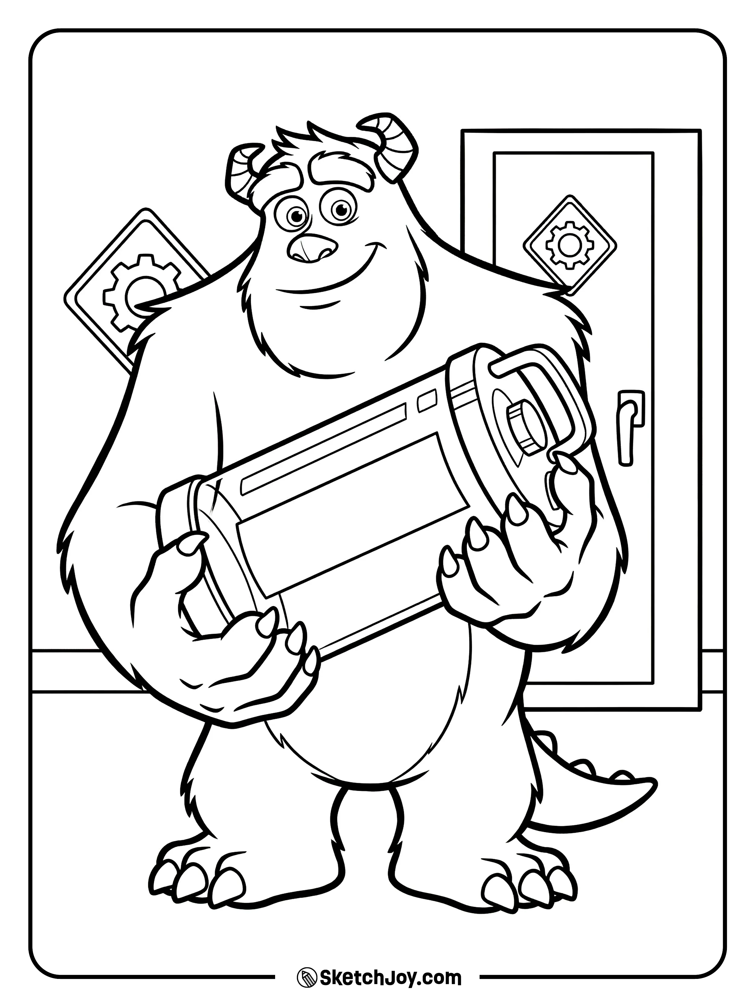 Sulley carries a canister with care and looks focused.