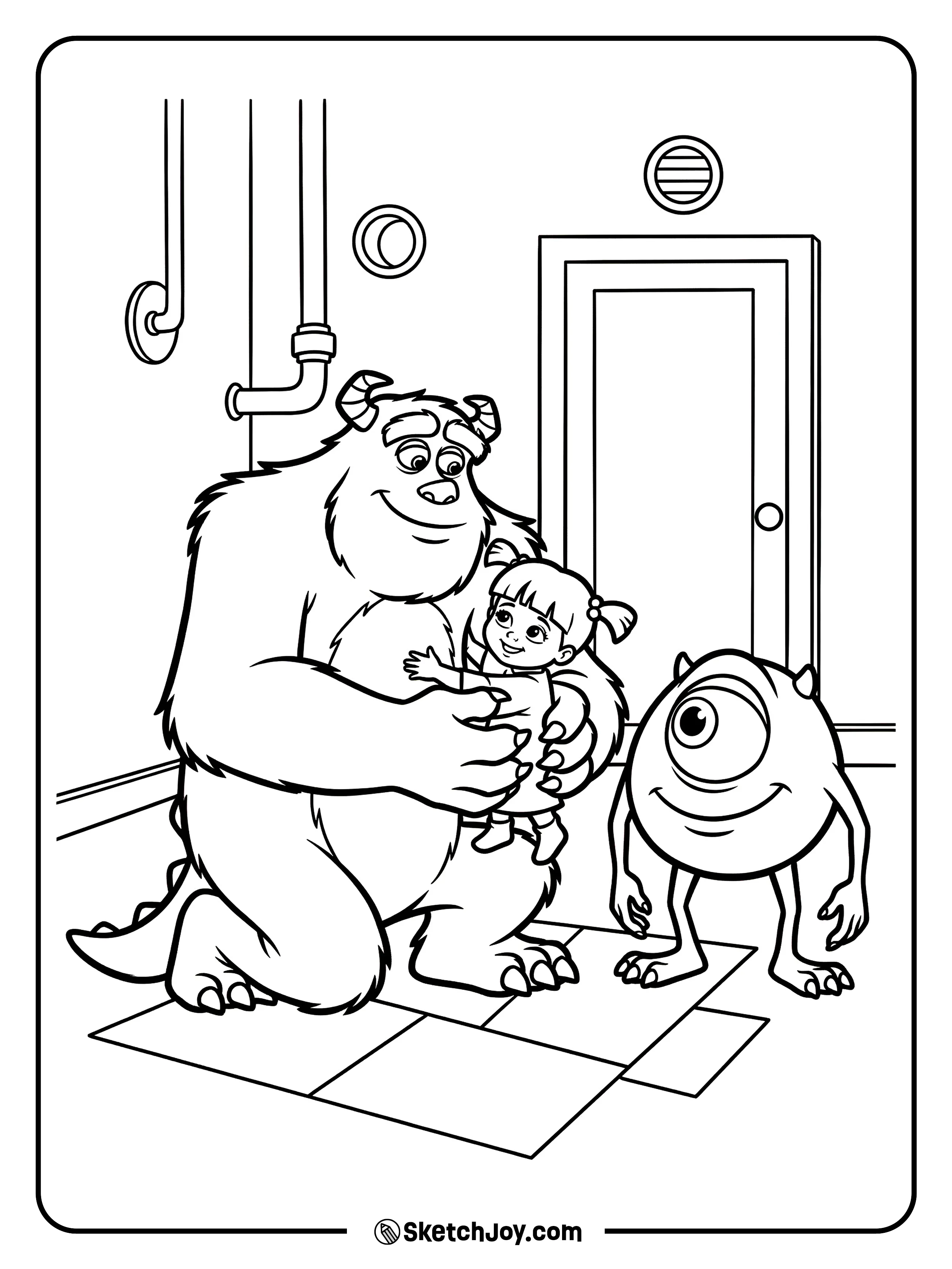 Sulley gives Boo a big, safe hug while Mike smiles nearby.