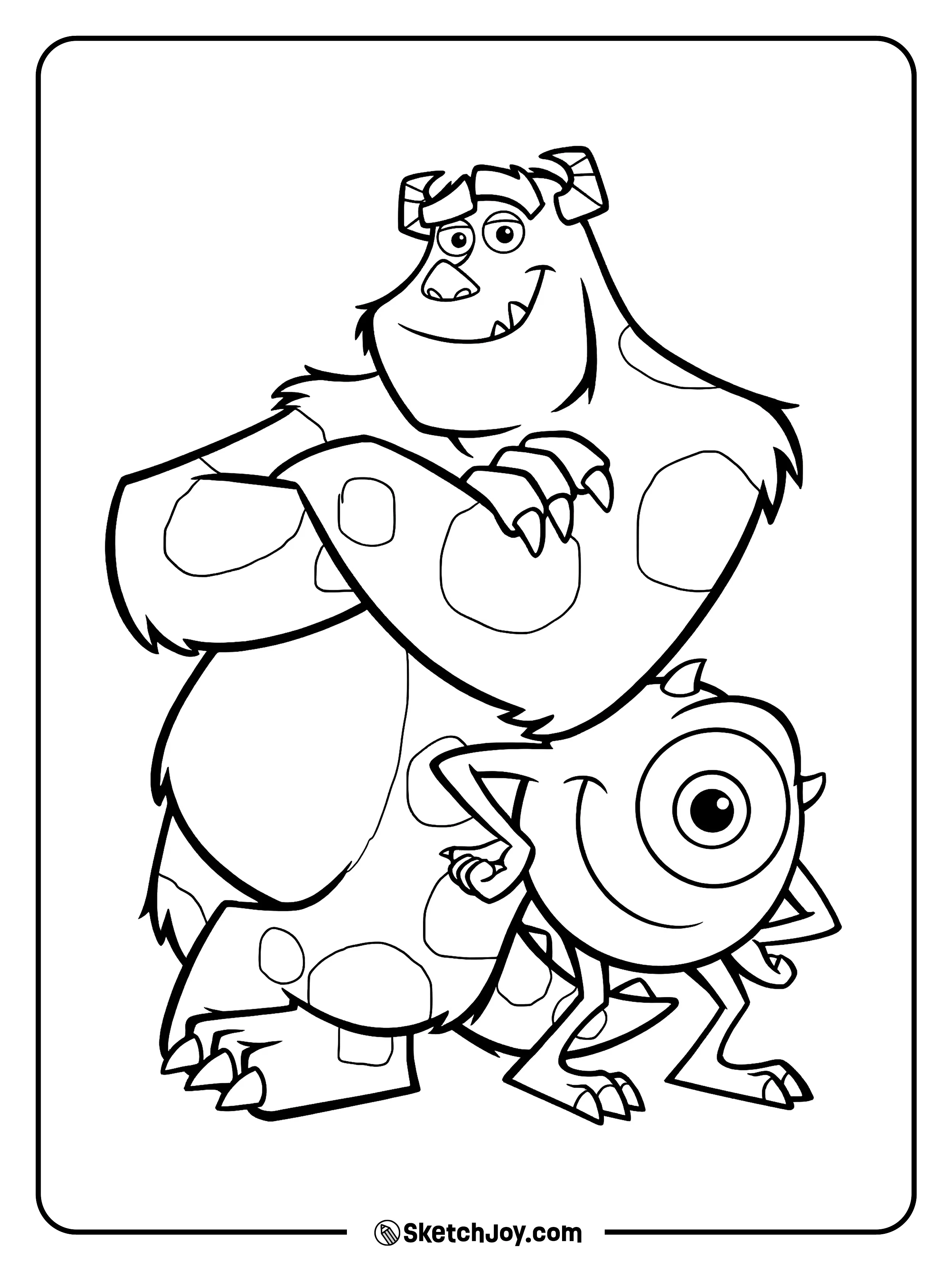 Sulley stands with his arms crossed while Mike poses in front with a grin.