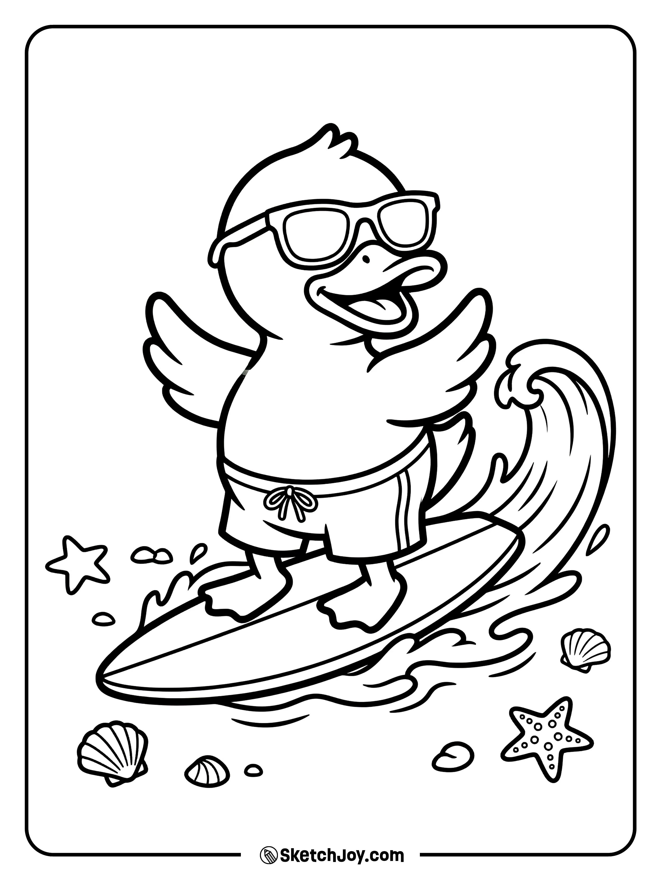 A rubber duck riding a small wave on a surfboard.