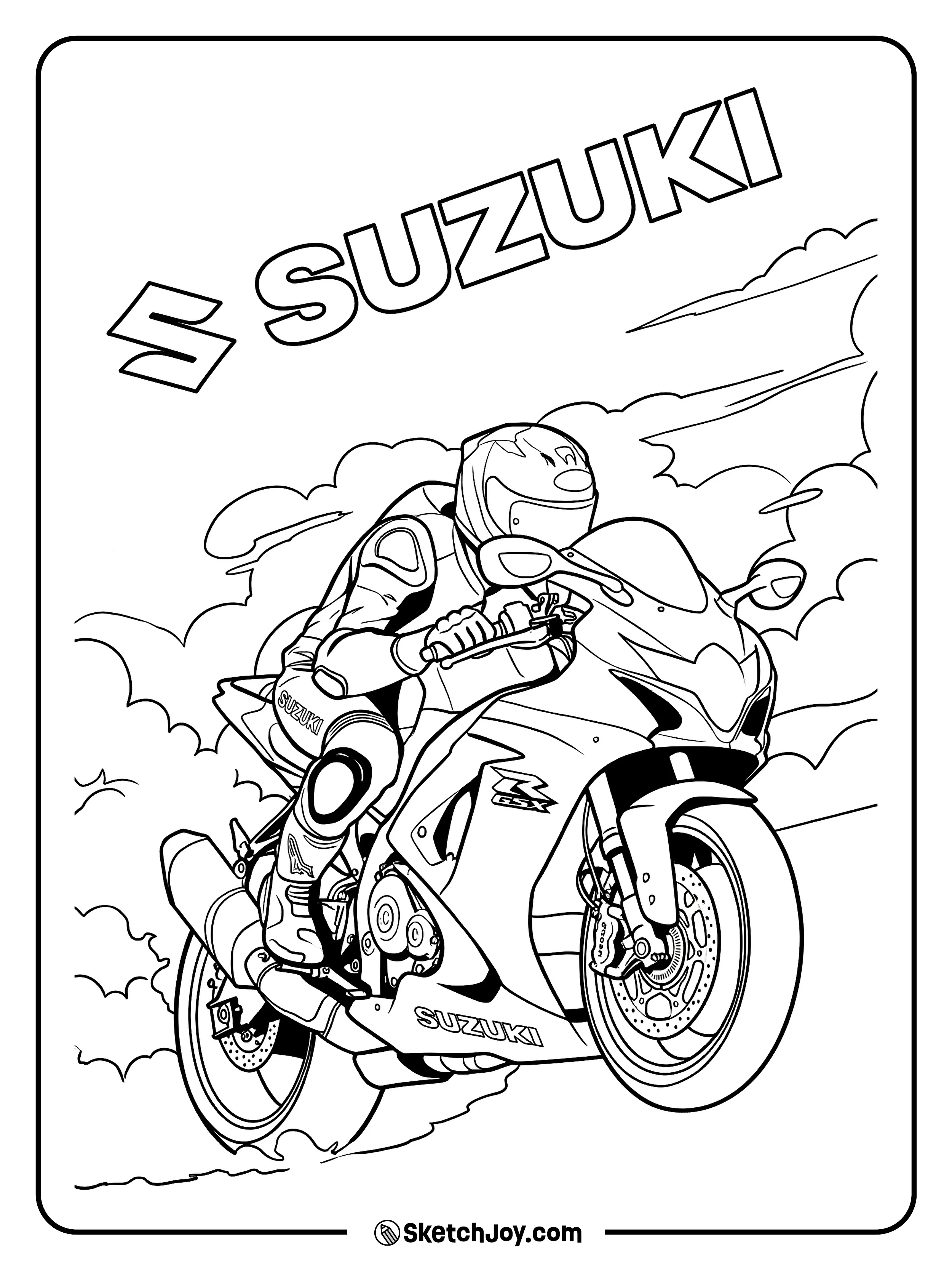 A Suzuki GSX rider leans into a turn with clouds all around.